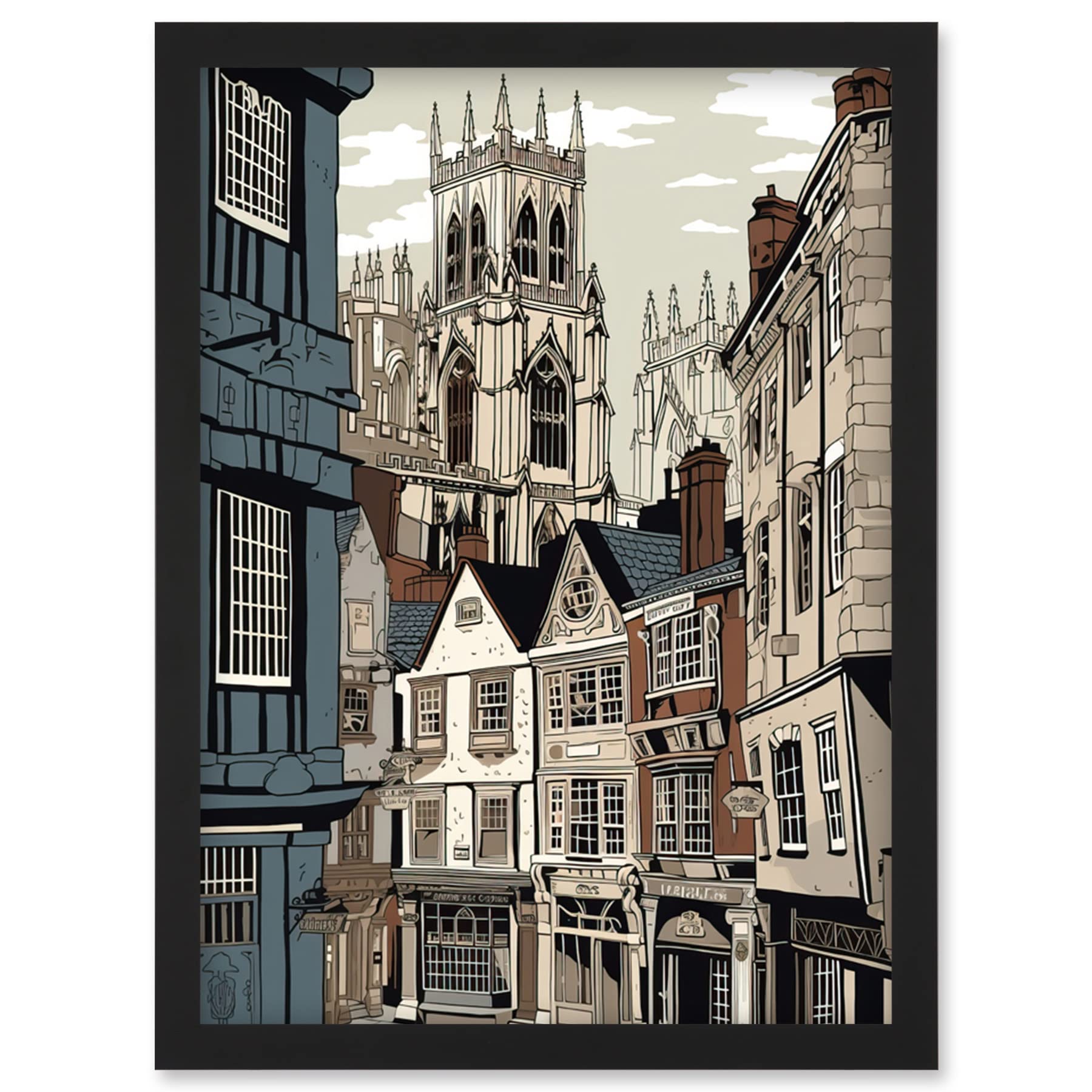 Artery8 Shambles Street Cityscape with York Minster Towers Artwork Framed Wall Art Print A4