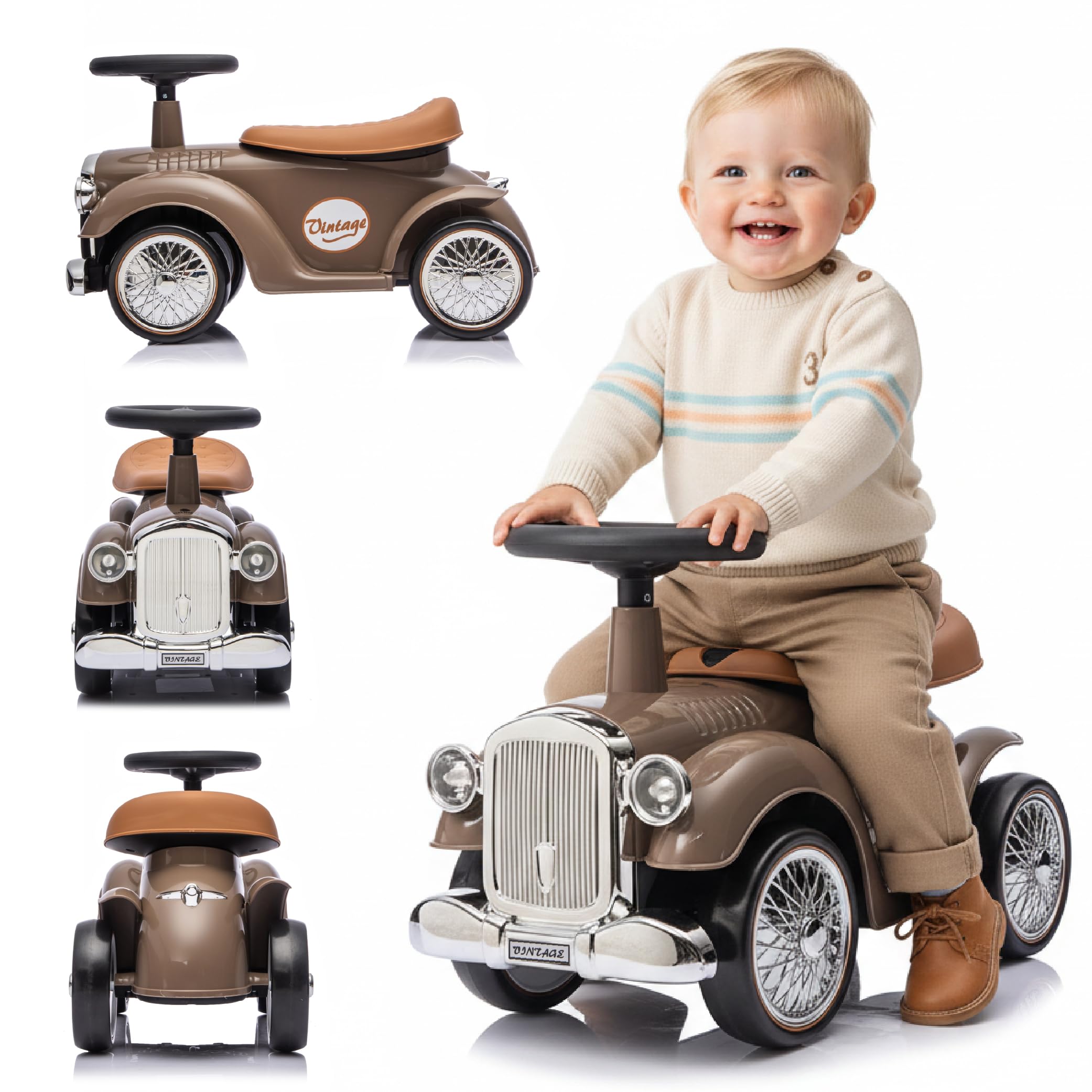 sun baby Ride On Car Retro Baby Car for 1 year old with sound effects, under-seat storage, EVA foam wheels (Brown)