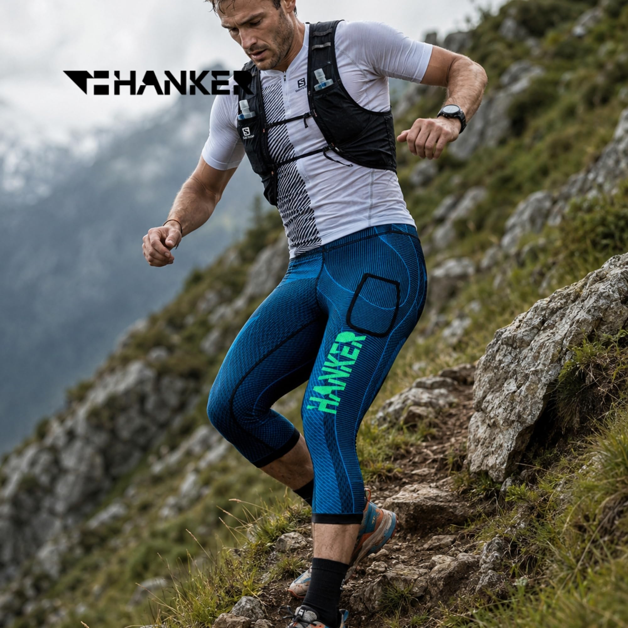 HANKER Mallas de Compresión para Hombre Pirata 3/4 Running Trail y Fitness con Bolsillos Grandes y Costuras Planas