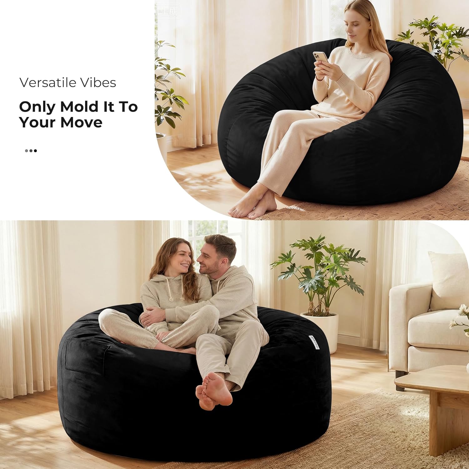 HABUTWAY Bean Bag Chair: Giant 6' Memory Foam Furniture Bean Bag Chair with Microfiber Cover - 6Ft,Black - Image 7