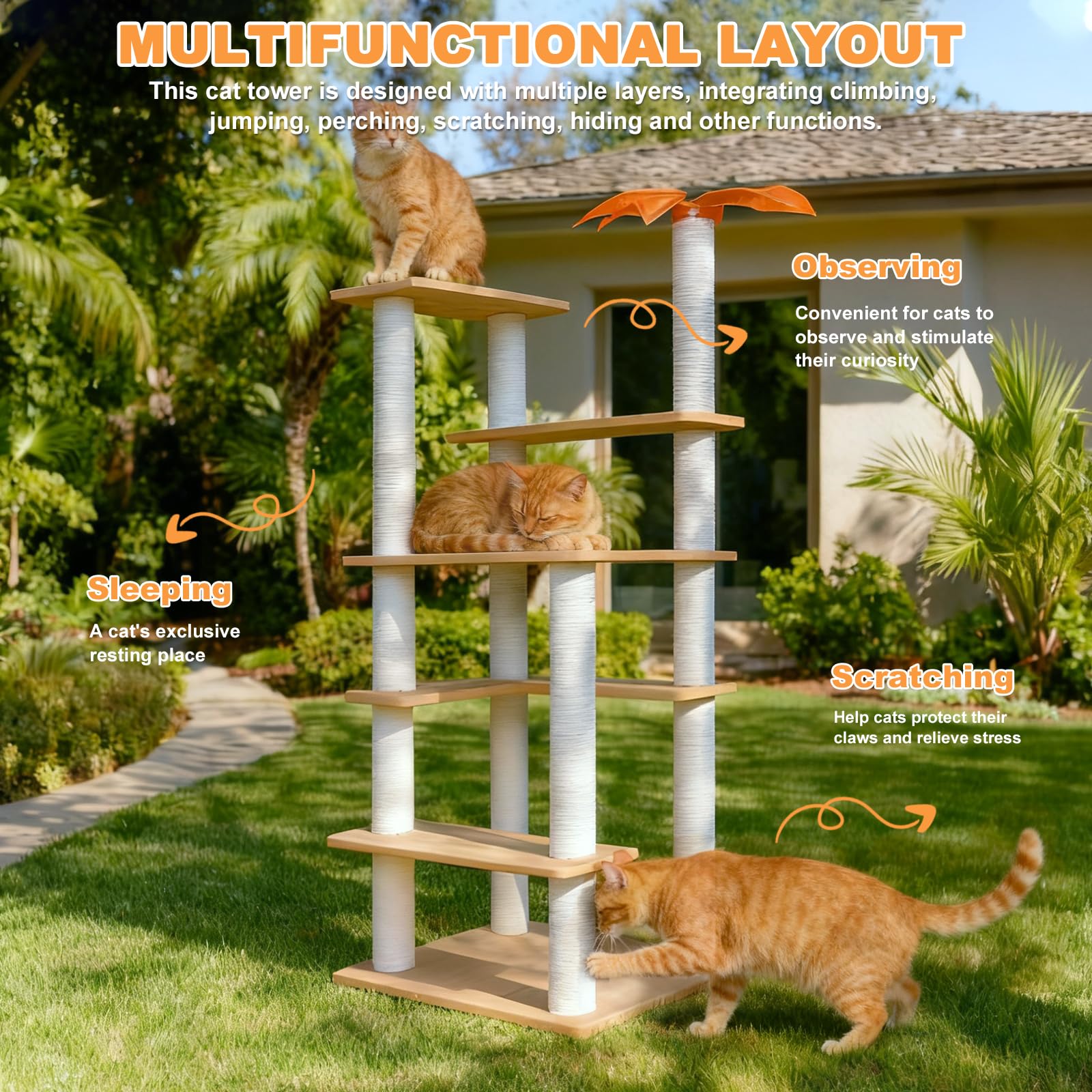 Albero tiragraffi alto per gatti da esterno e interno, resistente alle intemperie, grande torre per gatti da esterno con tiragraffi
