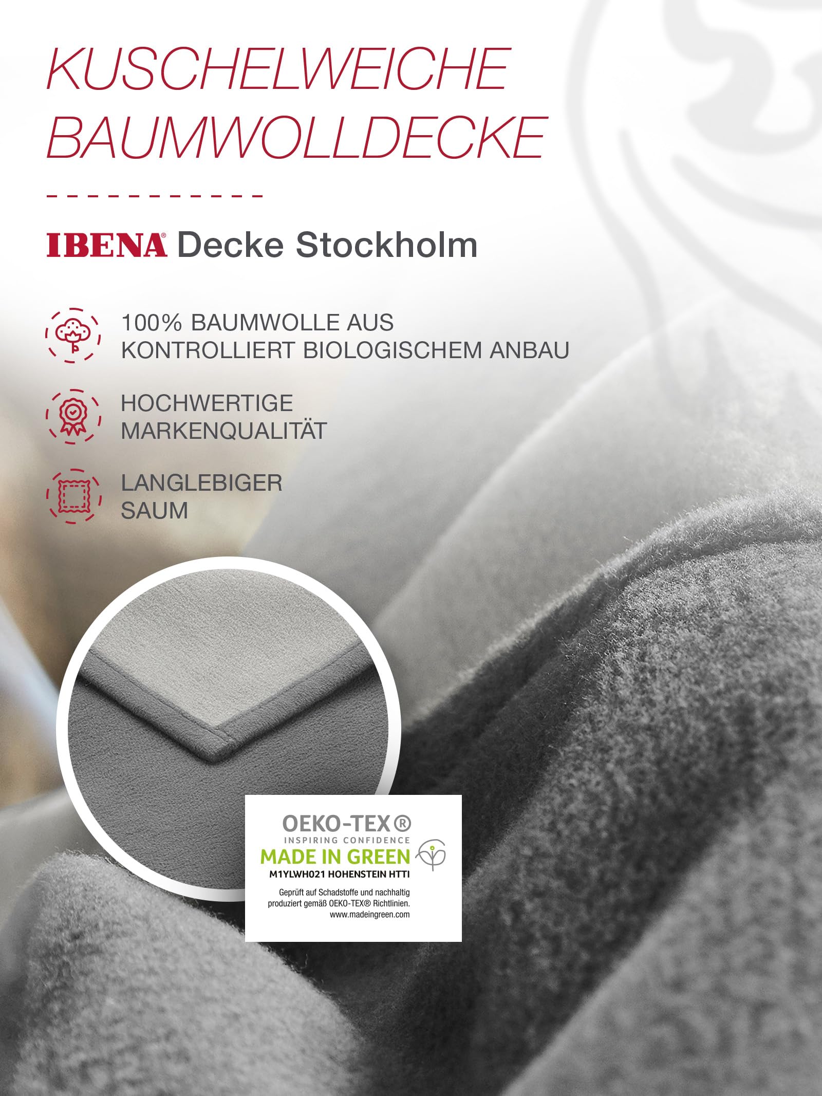 Ibena Stockholm Bio Wolldecke 140x200 cm - 100% Baumwolle, Made in Germany, Baumwolldecke grau hellgrau zweifarbig