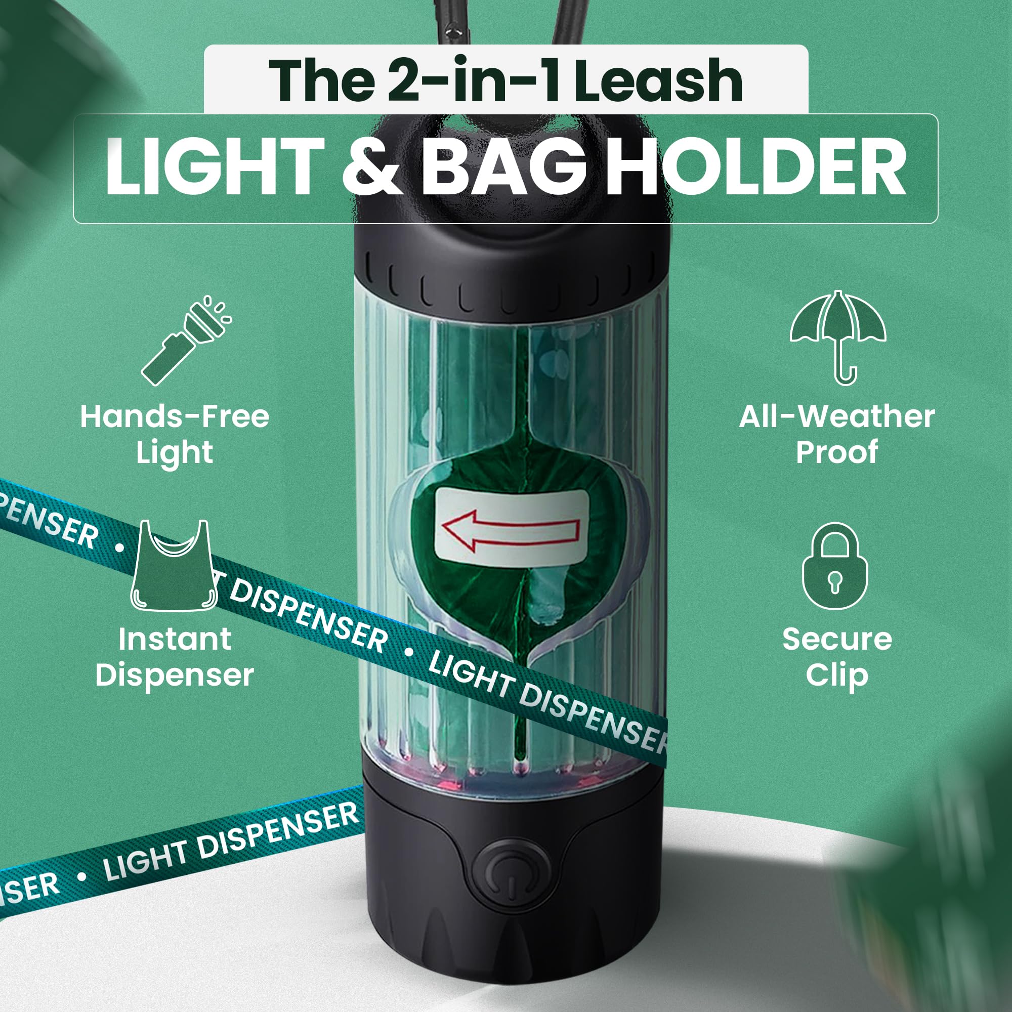 Hundekotbeutelspender mit LED-Taschenlampe & 45 Beuteln (3 Rollen) - USB-C wiederaufladbar, wasserdicht, Anti-Rutsch-Clip, freihändiger Hundekotbeutelhalter für Nachtspaziergänge