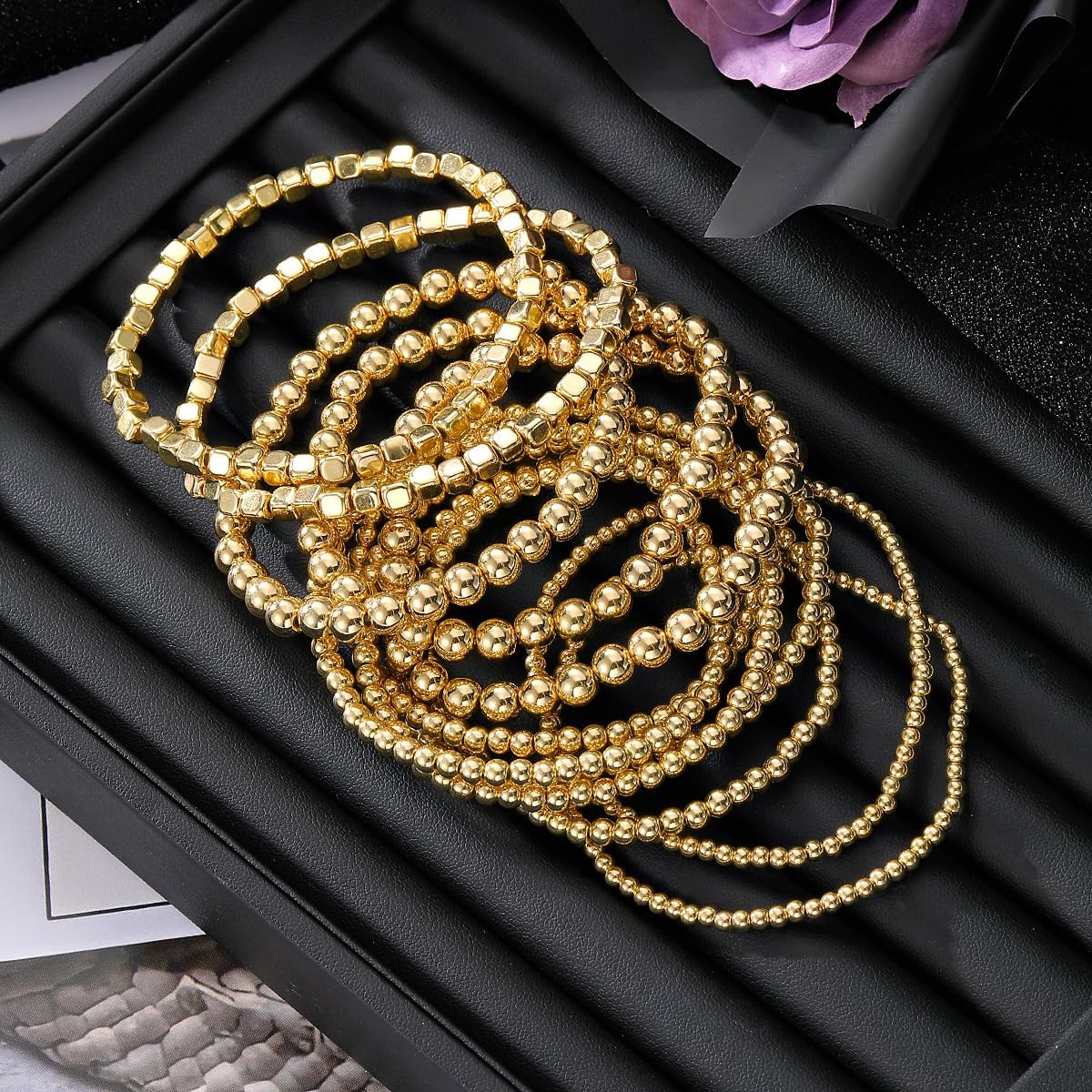 Gold Beaded Stackable Bracelet Set for Women Multilayer Beaded Stretch Bracelet Adjustable Round Beads Bracelets Golded Statement Jewelry Gift for Women - Image 5