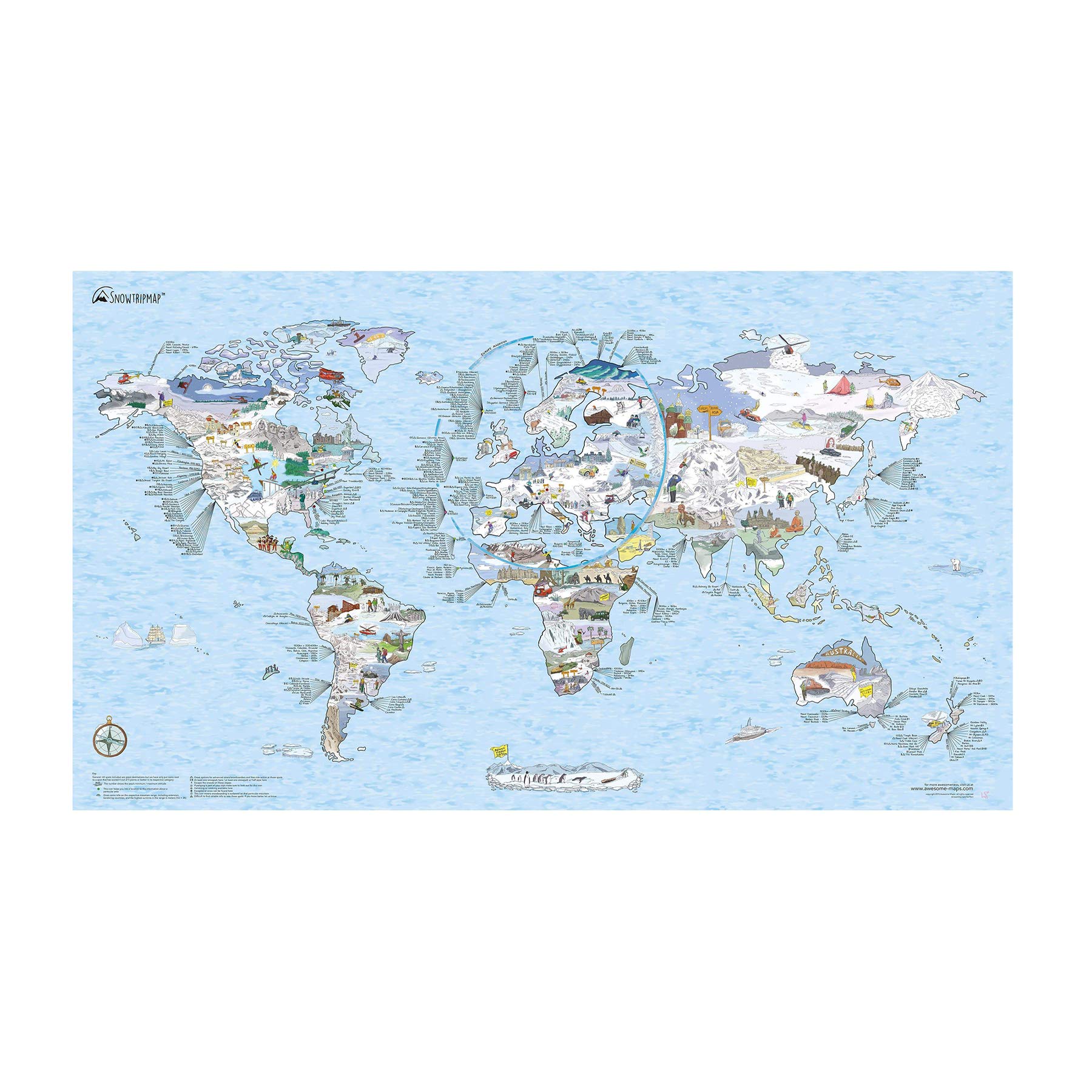 Snowtrip Map by Awesome Maps - Illustrated World Map for Ski and Snowboard Freaks - rewritable - 97.5 x 56 cm