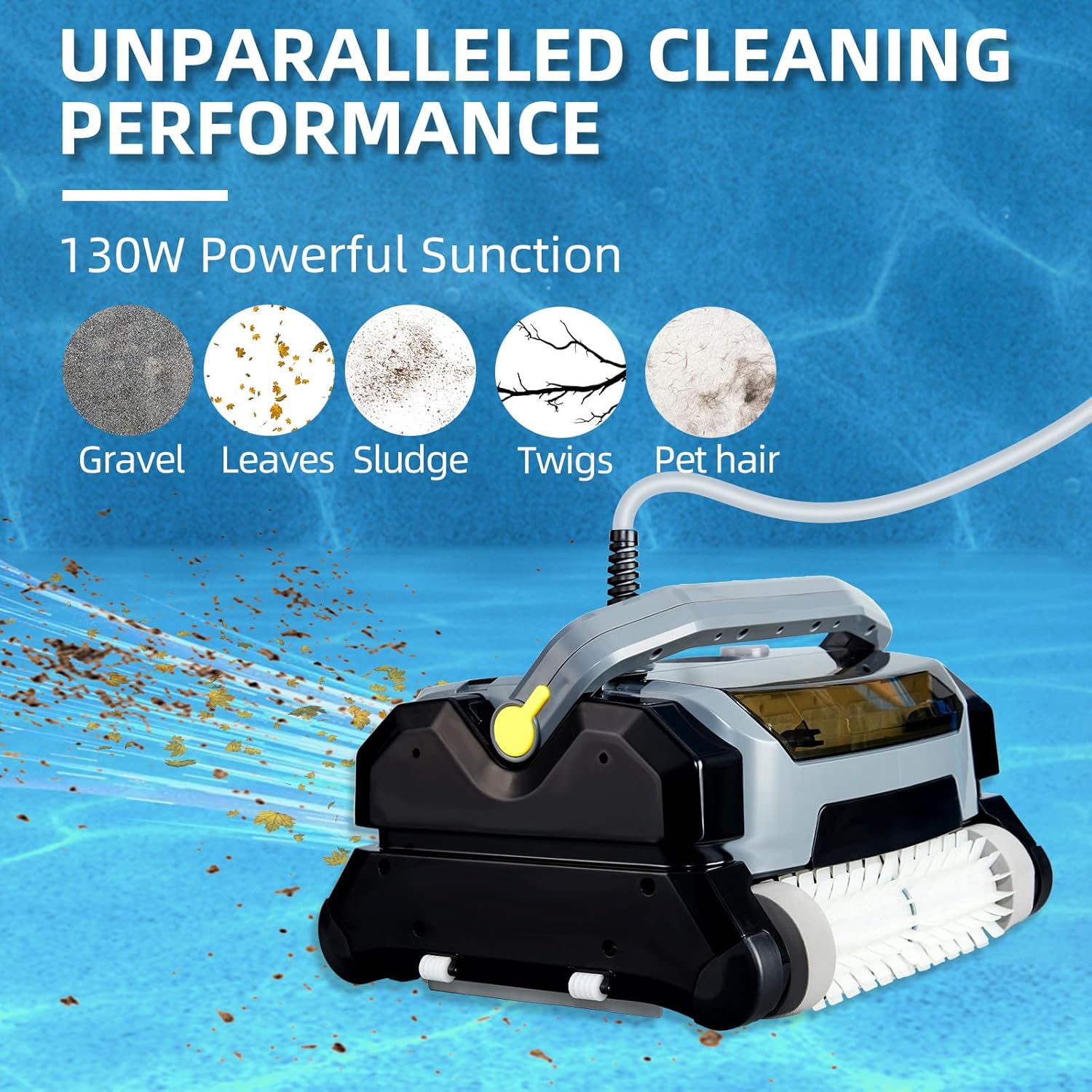 PioneerWorks Robotic Pool Vacuum Cleaner 130W, Waterliner Clean, Wall Climbing Capability, w/Top Load Filters, Wall Climbing Scrubber Brush for Above/In-Ground Pools Up to 50FT in Length, Grey