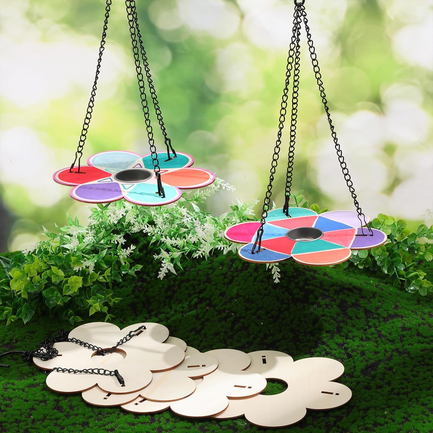 DoubleFill 36 Pack Bird Feeder Craft Kits with Chains for Kids Ages 3-8 Make Your Own Wooden Flower Bird Feeders with Aluminum Bowls DIY to Paint Craft for Garden Outdoor Activities (Flower)
