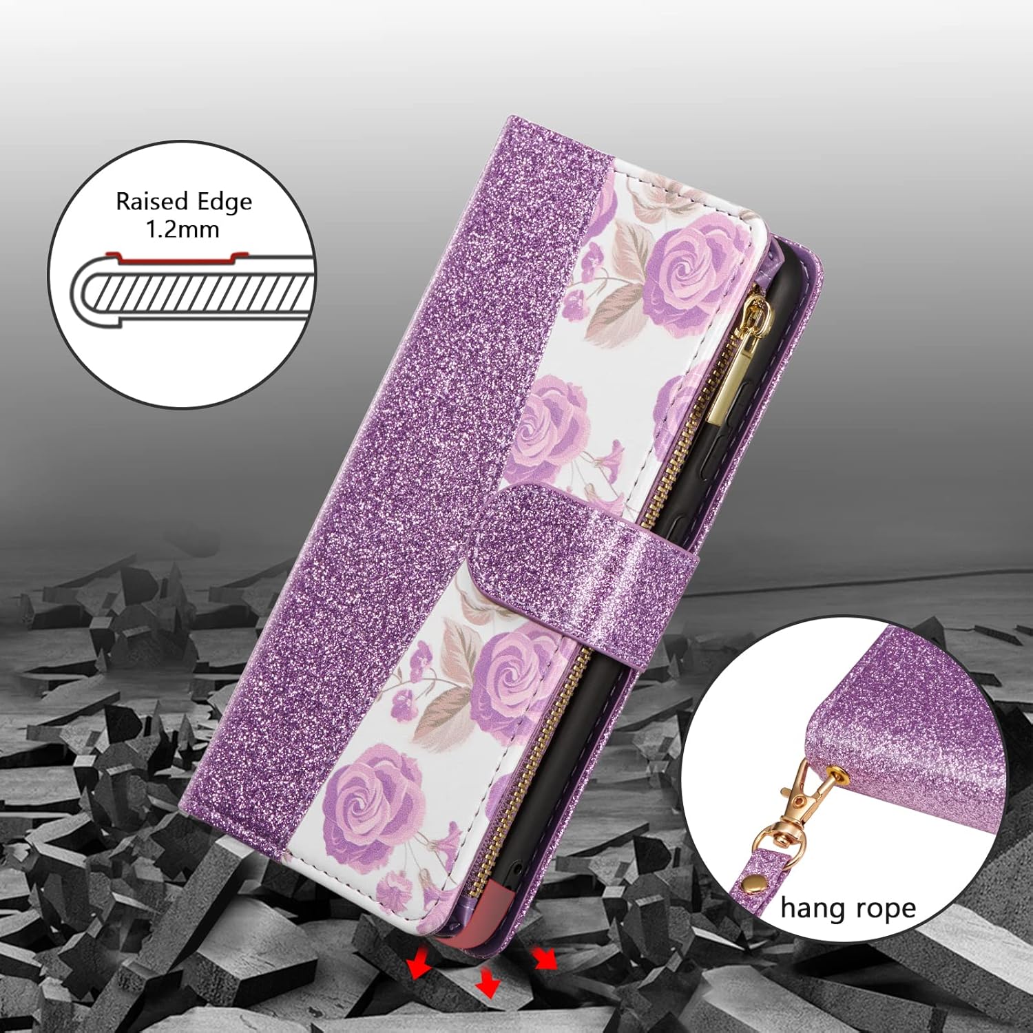 UEEBAI Wallet Case for Samsung Galaxy S25 Ultra 5G, PU Leather Wallet Magnetic Closure Handbag Zipper Pocket Cover Kickstand Card Slots with Hand Strap Rose Flip Case for Women - Bling Purple - Image 5