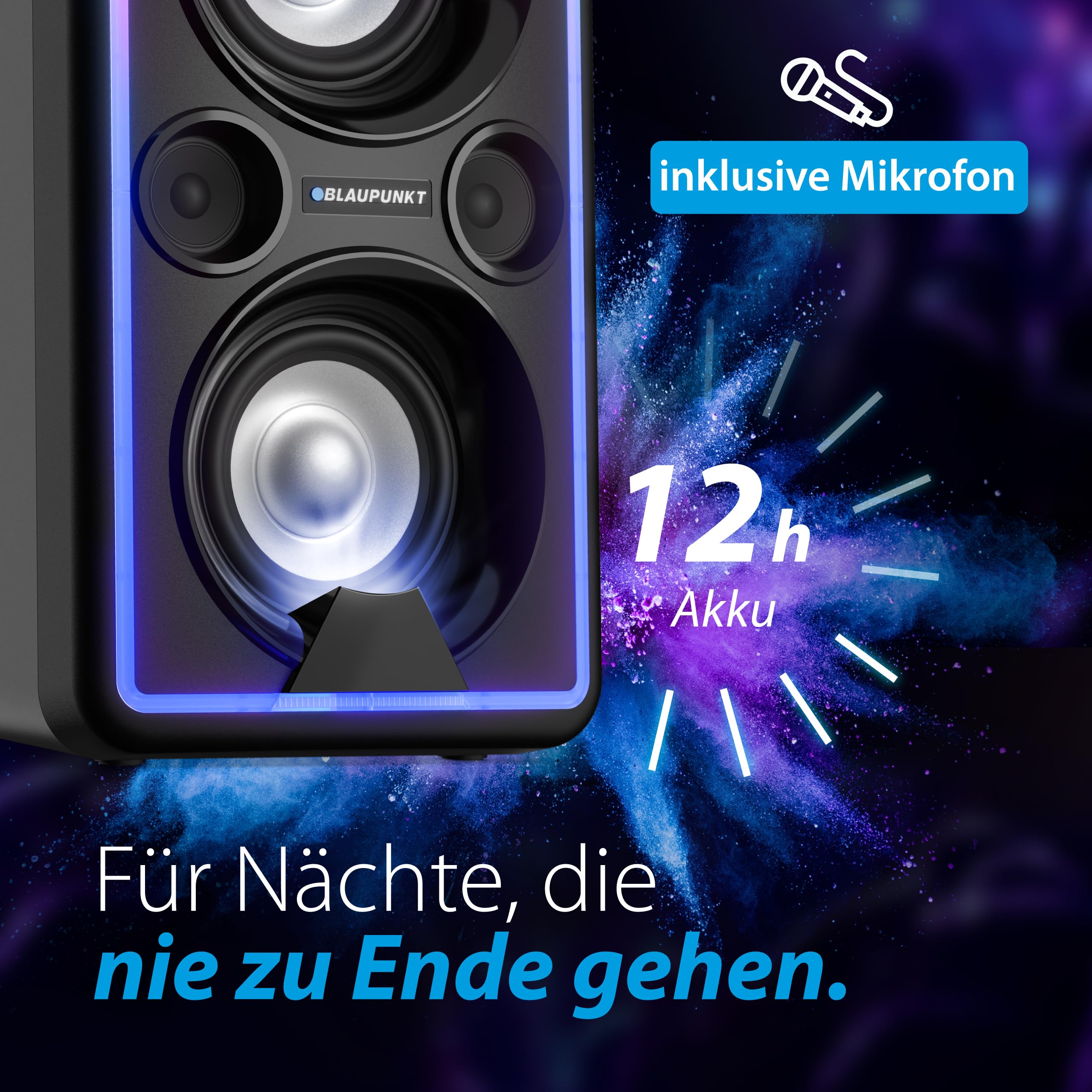 BLAUPUNKT PS 2000 Mobile PA Sound Anlage Bluetooth Soundsystem mit Akku, Lichteffekten, Equalizer, Radio, Mikrofon, 2 x 25 Watt RMS