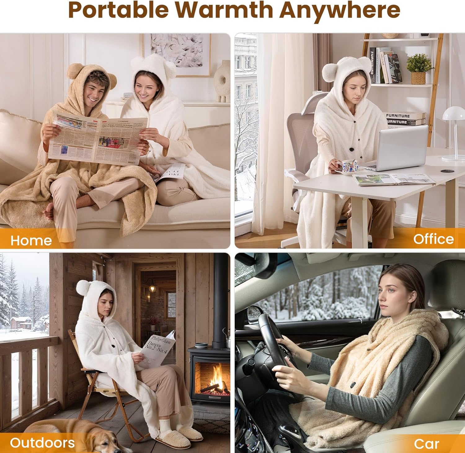 Bearbug Cordless Heated Blanket, Portable Wearable Electric Heated Blanket Shawl Hoodie Battery Operated with Power Bank, Car Charger, Dc Adapter, 3 Heating Level, Machine Washable - Image 8