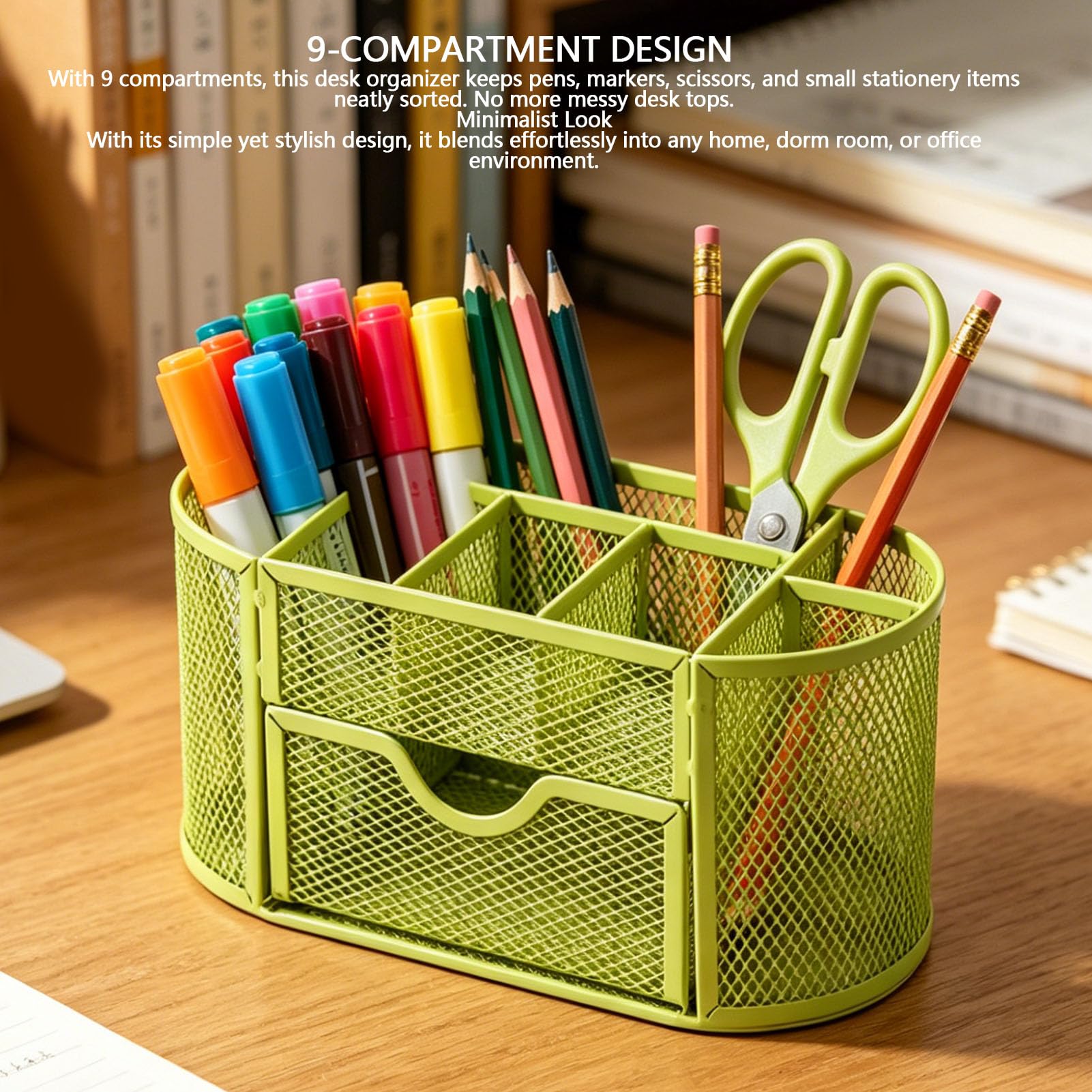 Cocoarm Portapenne Metallico 9 Scomparti con Cassetto, 8,66in (GREEN)