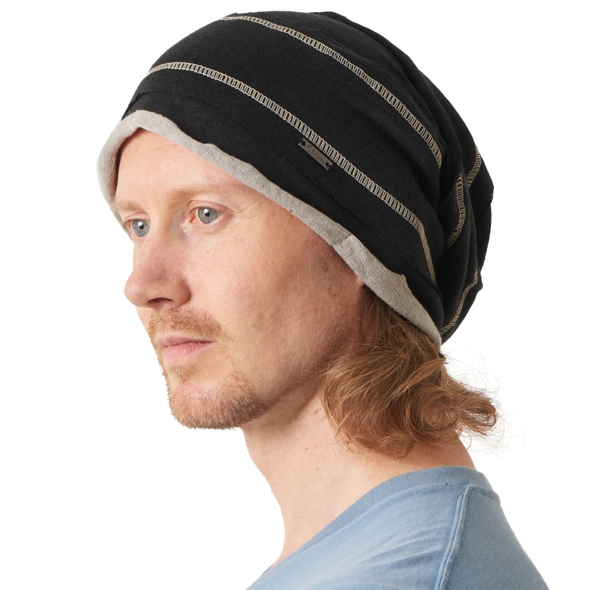 Charm Men's Black & Beige Slouchy Linen Beanie Hat - Lightweight Knit Hat Wo Baggy Summer Slouch