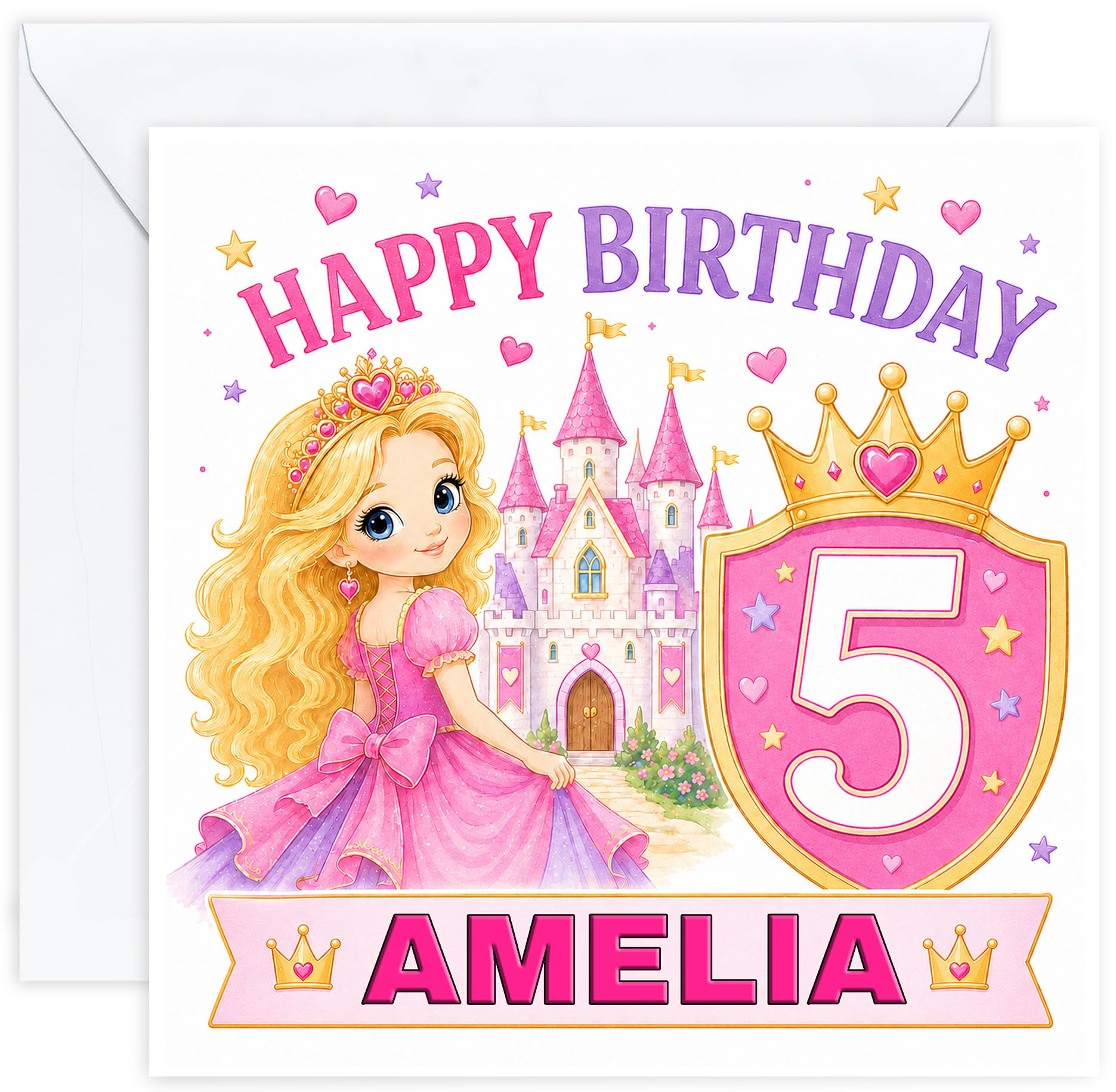 Personalised Girls 5th Birthday Card – Princess Castle – Name
