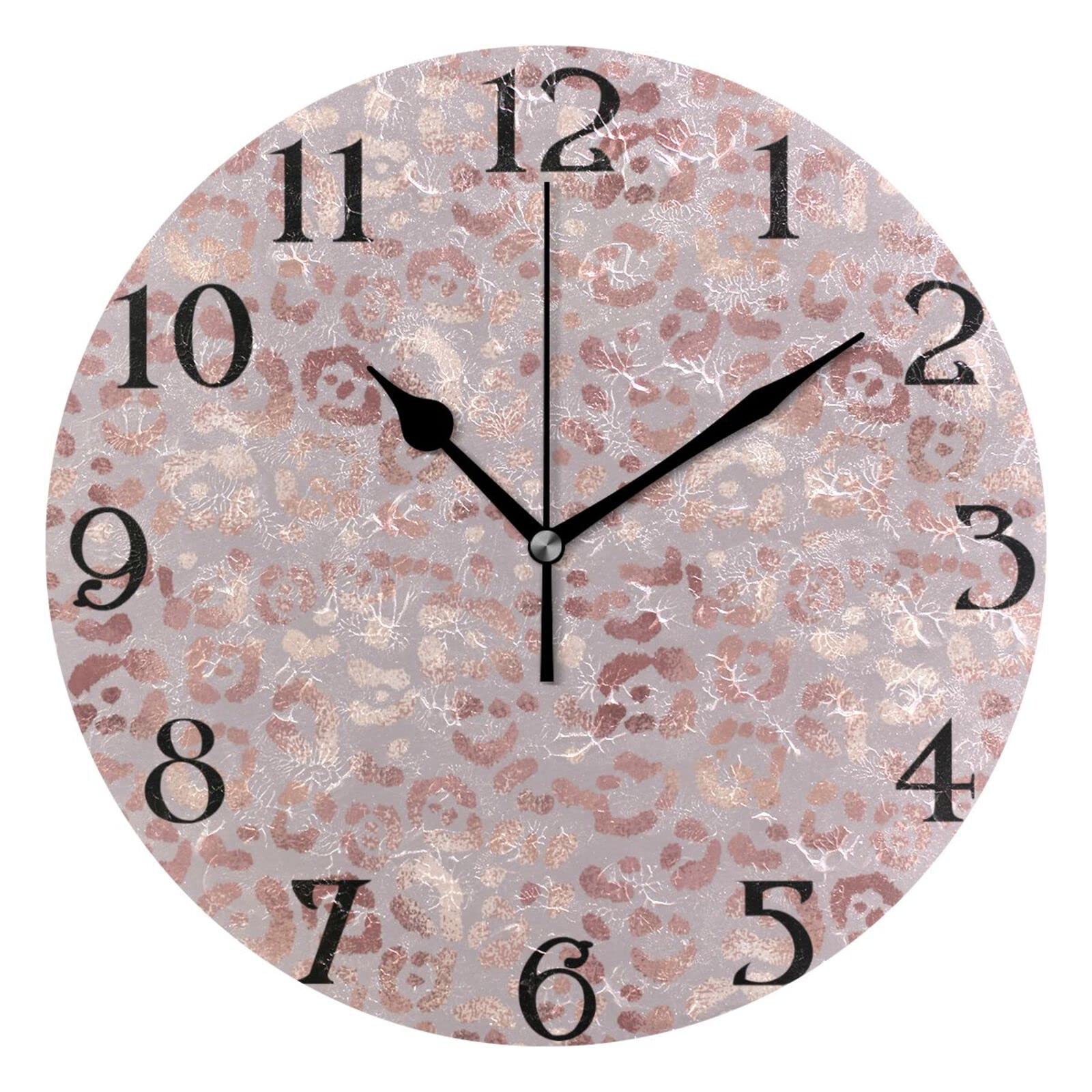 Mnsruu Large Wall Clocks, Pink Leopard Print Golden Cheetah Non Ticking 25cm Clock Silent Clocks Atomic Analog Clocks Living Room Kitchen Bedroom Office Home Decor Easy to Read