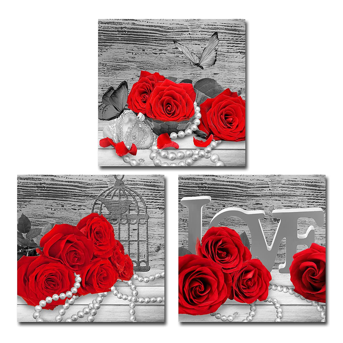 Photo 1 of *DIFFERENT FROM STOCK PHOTO* Rtriel Red Rose Canvas Wall Art Romantic Flowers Prints Black and White Floral Pictures for Bathroom Bedroom Home Decor 12 x 12 Inches 3 Pieces red rose 12"x12"x3