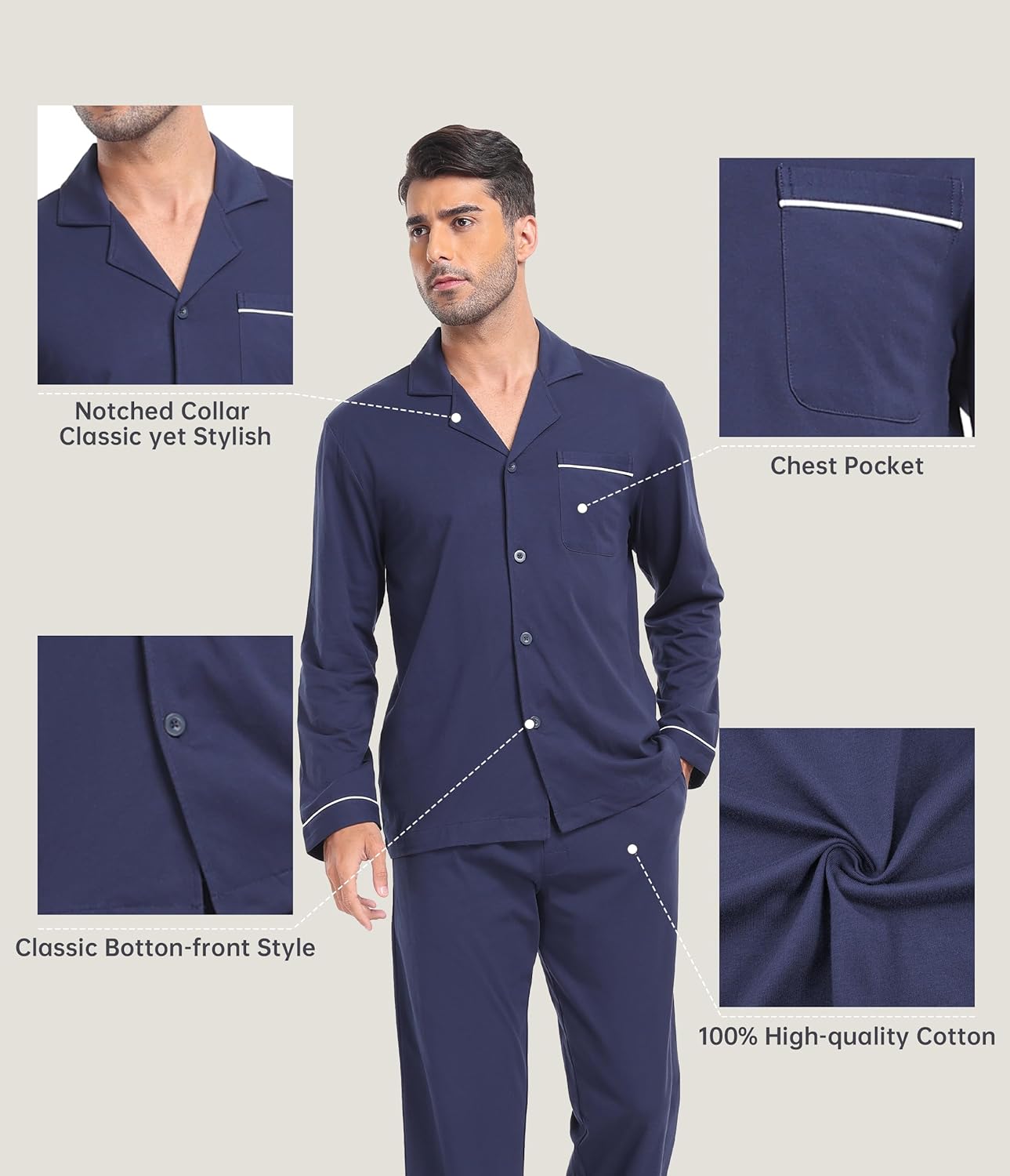 CF Mens Pajamas Set 100% Cotton Sleepwear Button Down Pj Sets Long Sleeve Lounge Set Soft Nightwear with Pockets & Front Fly