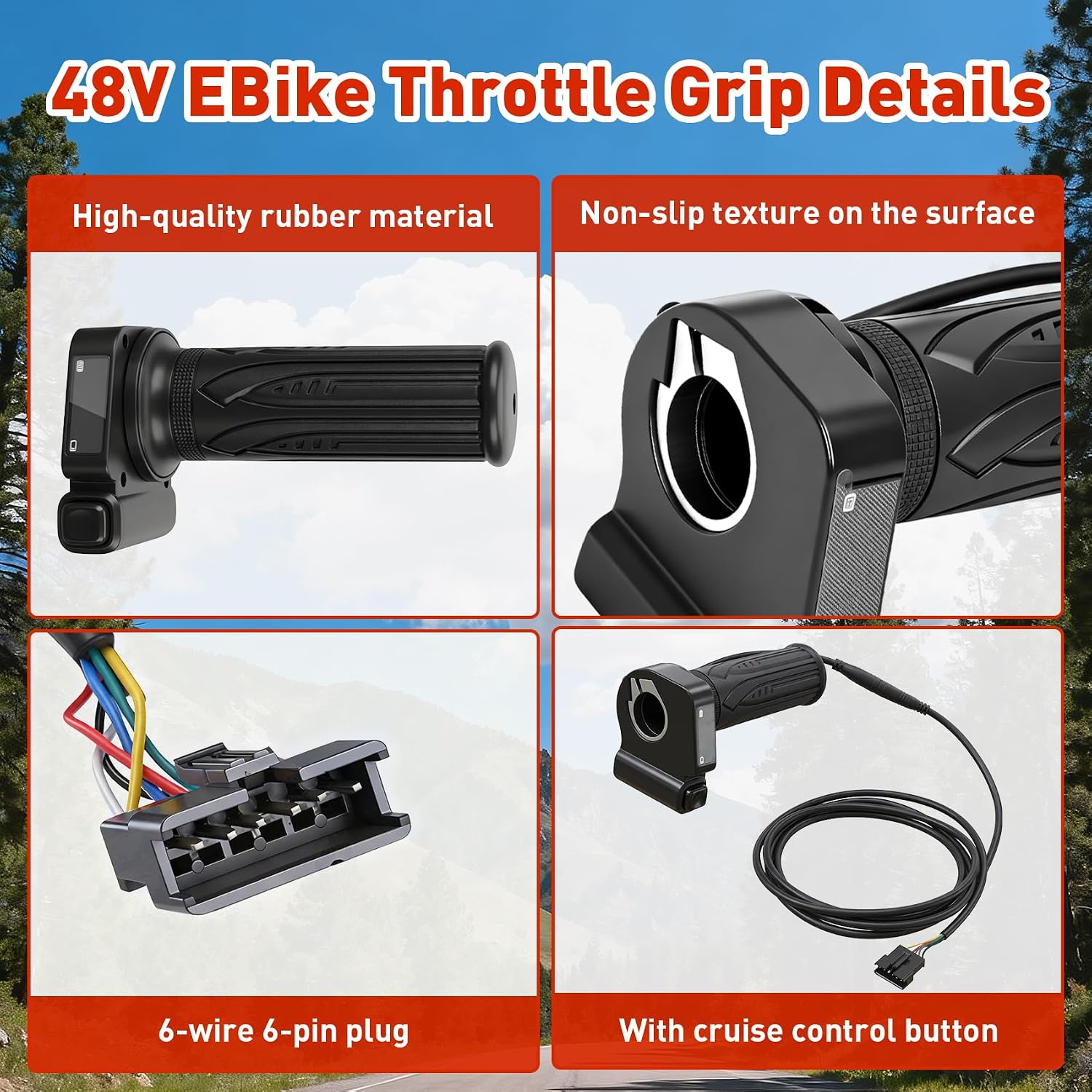 48V Electric Bike Throttle Grip with LCD Voltage Display & Cruise Control, Replacement for Jetson Haze Folding Ebike, DYU Y16 Electric Bicycle, 6-Pin Plug and Play Accelerator