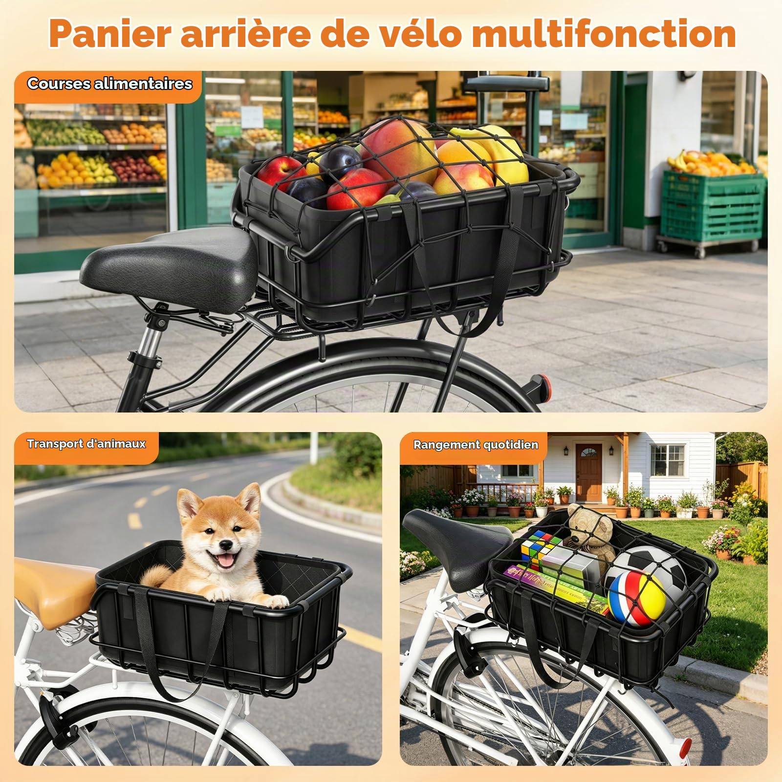 Panier Vélo Arrière, 43×30×20CM Panier Arrière de Vélo en Métal avec Filet de Chargement et Doublure, Utilisé pour Le Transport de Fruits et Légumes(y Compris Les Outils D'installation)