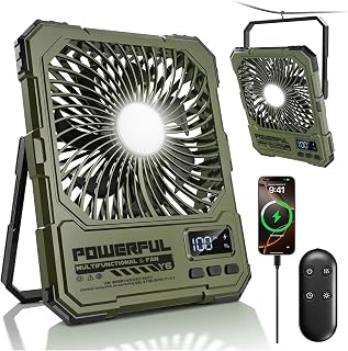 yAyusi 20000mAh Akku Ventilator Camping mit Lampe,Tragbarer Reise Ventilator mit Fernbedienung Timer Ultra-Leise Ultraflach 5 Stufen 17-82 Std Laufzeit, USB Tischventilator für Outdoor (Grün)