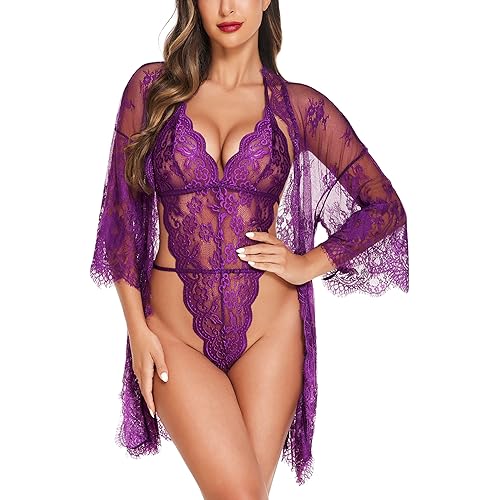 Avidlove Women Sexy Lingerie Set 2 Piece Lace Kimono Robe with Lace Teddy Lingerie Bodysuit