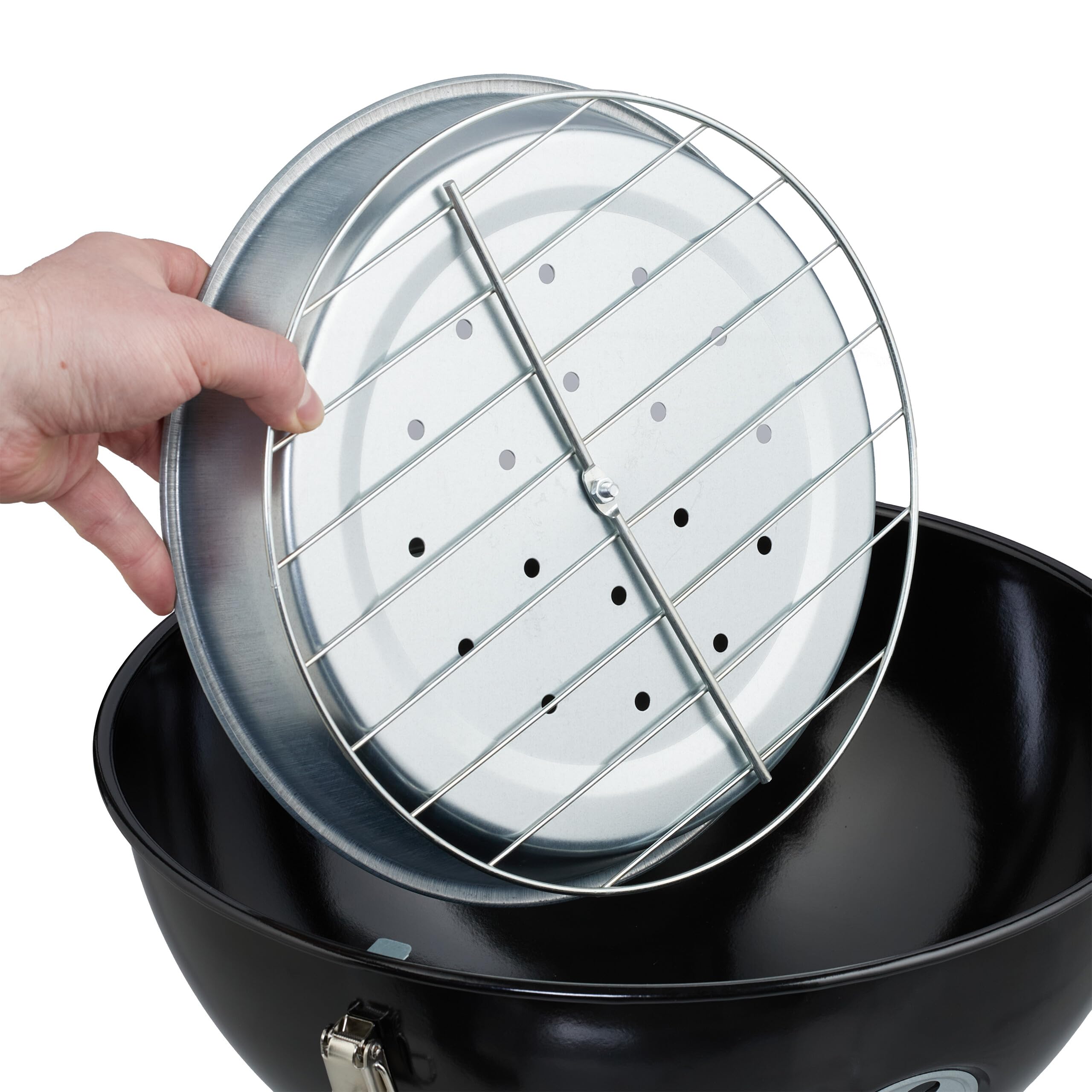 Relaxdays Barbecue Portable, Grill Rond, Ø37 cm, pour Table, Jardin, Balcon, avec Couvercle, bac à Charbon & Pince, Noir
