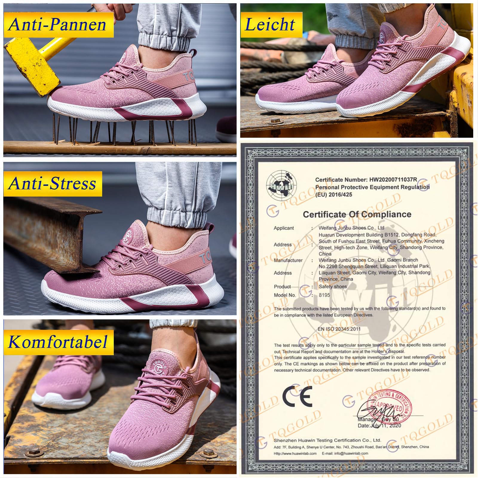 AONETIGER Obuwie ochronne dla mężczyzn i kobiet, S3, lekkie buty robocze, stalowy nosek, sportowe, oddychające, antypoślizgowe, 8195 Pink B, 43 EU