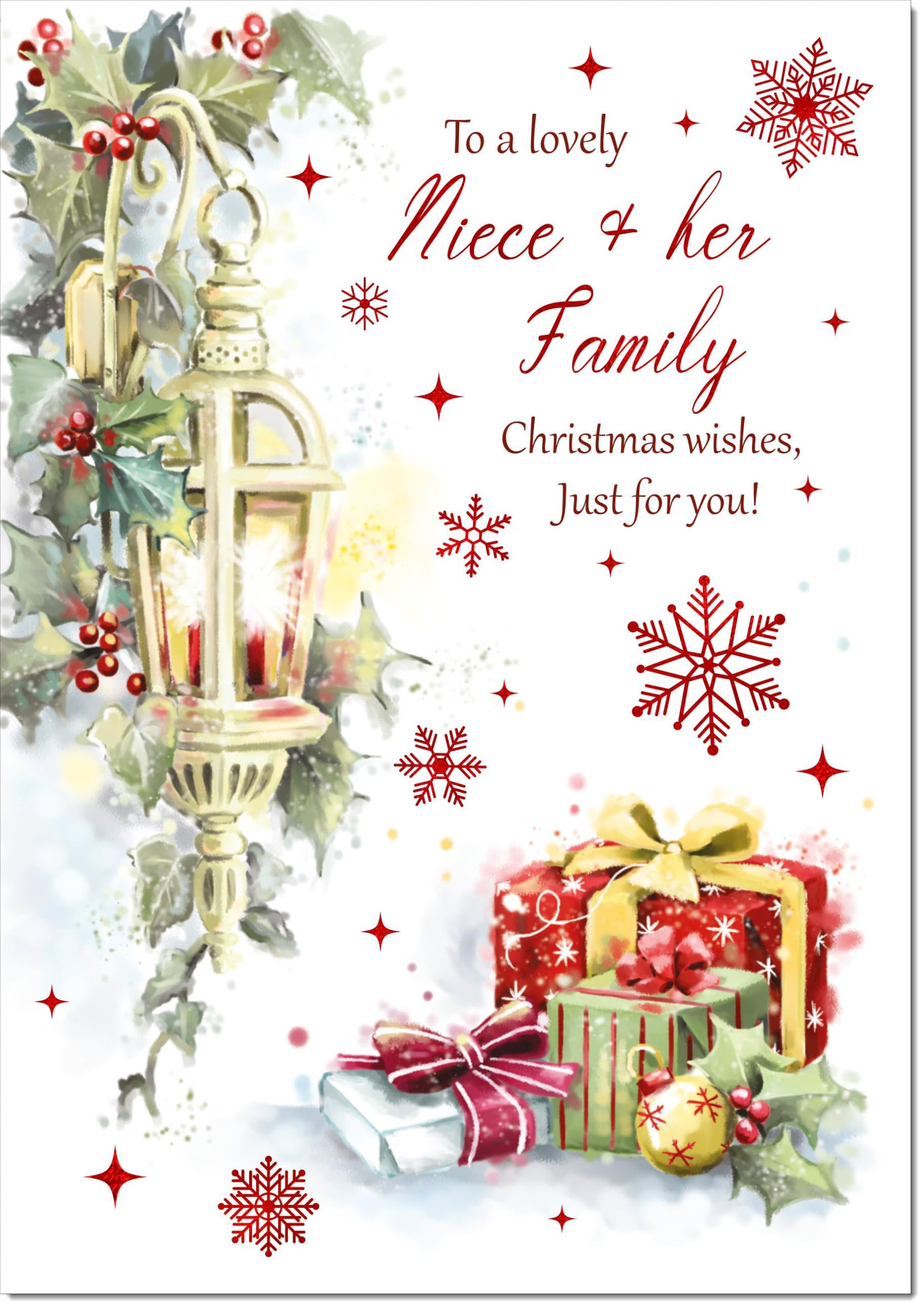 doodlecards Niece and Family Christmas Card Lamp and Parcels Large A4 Size Christmas Card for Niece & Family with Plain Envelope