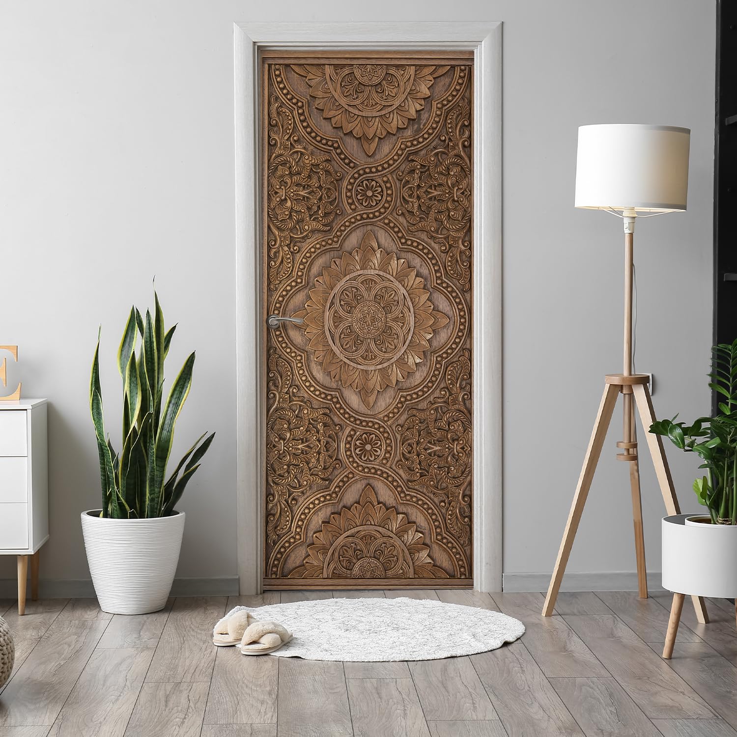 Alwayspon 200x76cm Wood Carving Self-Adhesive Door Mural Sticker, Vinyl Peel and Stick Door Wraps, Waterproof Removable Door Poster Decals for Bedroom Home Wall Decoration