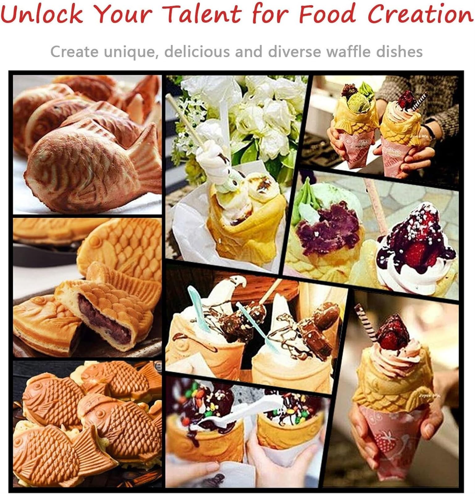 Piastra per waffle professionale a forma di pesce, antiaderente, per waffle belgi, facile da pulire, con controllo della temperatura regolabile, design compatto in acciaio inossida,