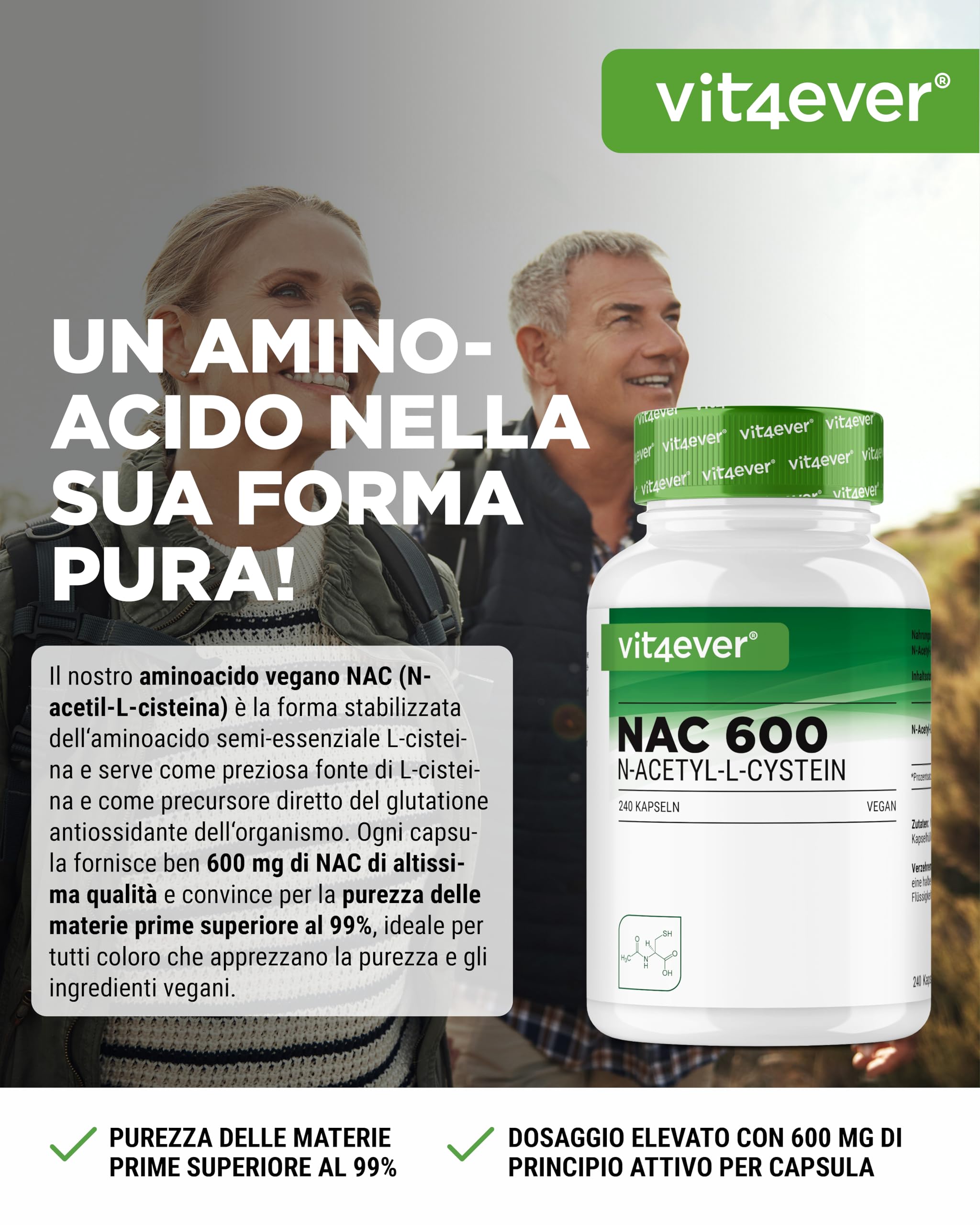 NAC - N-Acetil L-Cisteina 240capsule da 600 mg ciascuna - Fornitura per 8 mesi - Senza additivi - Vegano - Altamente dosato