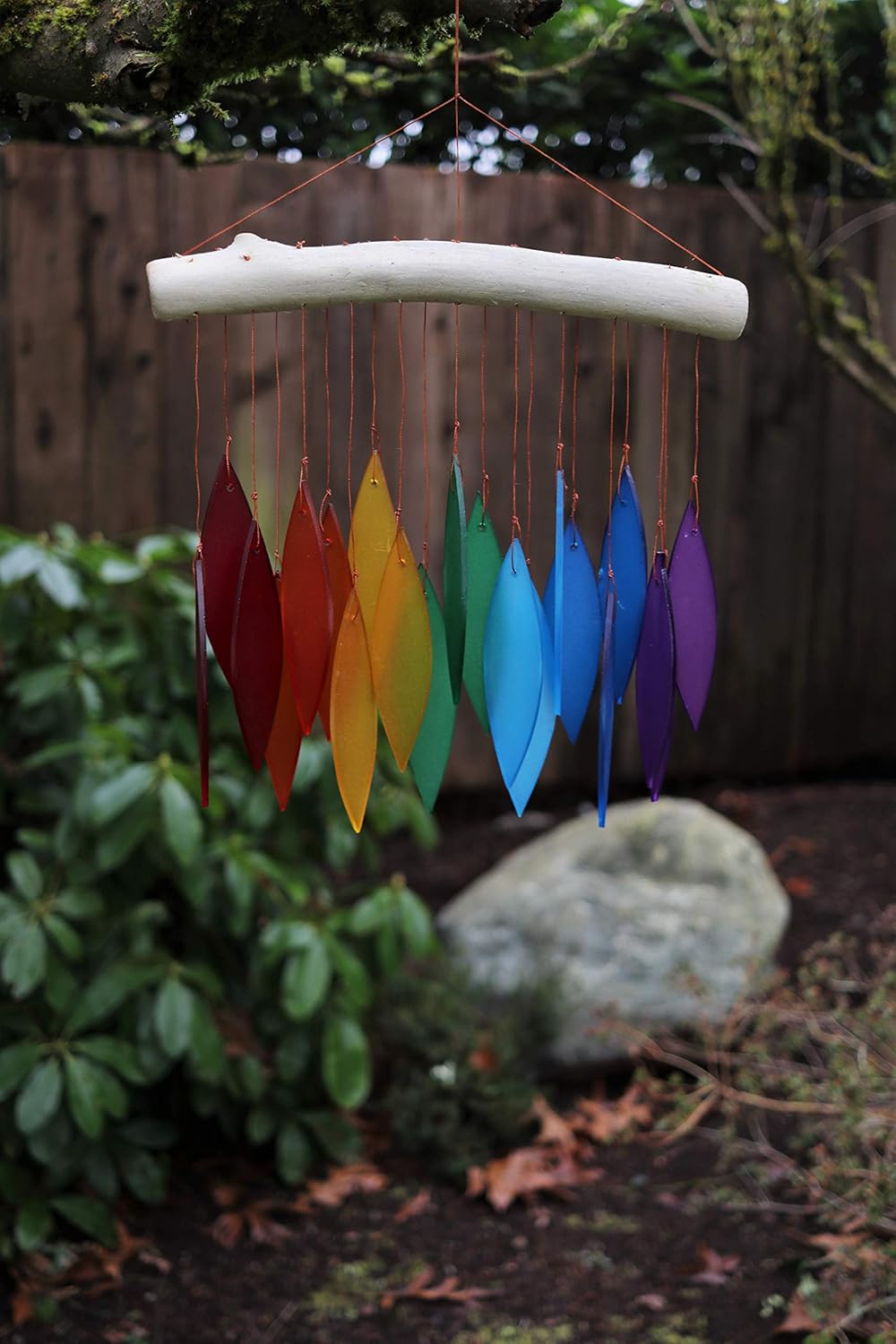 Cohasset Tumbled Glass Wind Chime - Rainbow Leaf Design - Recycled Glass and Driftwood - LGBTQ Pride, Yard Art, Multi Color, Chakras, Mobile, Window Art