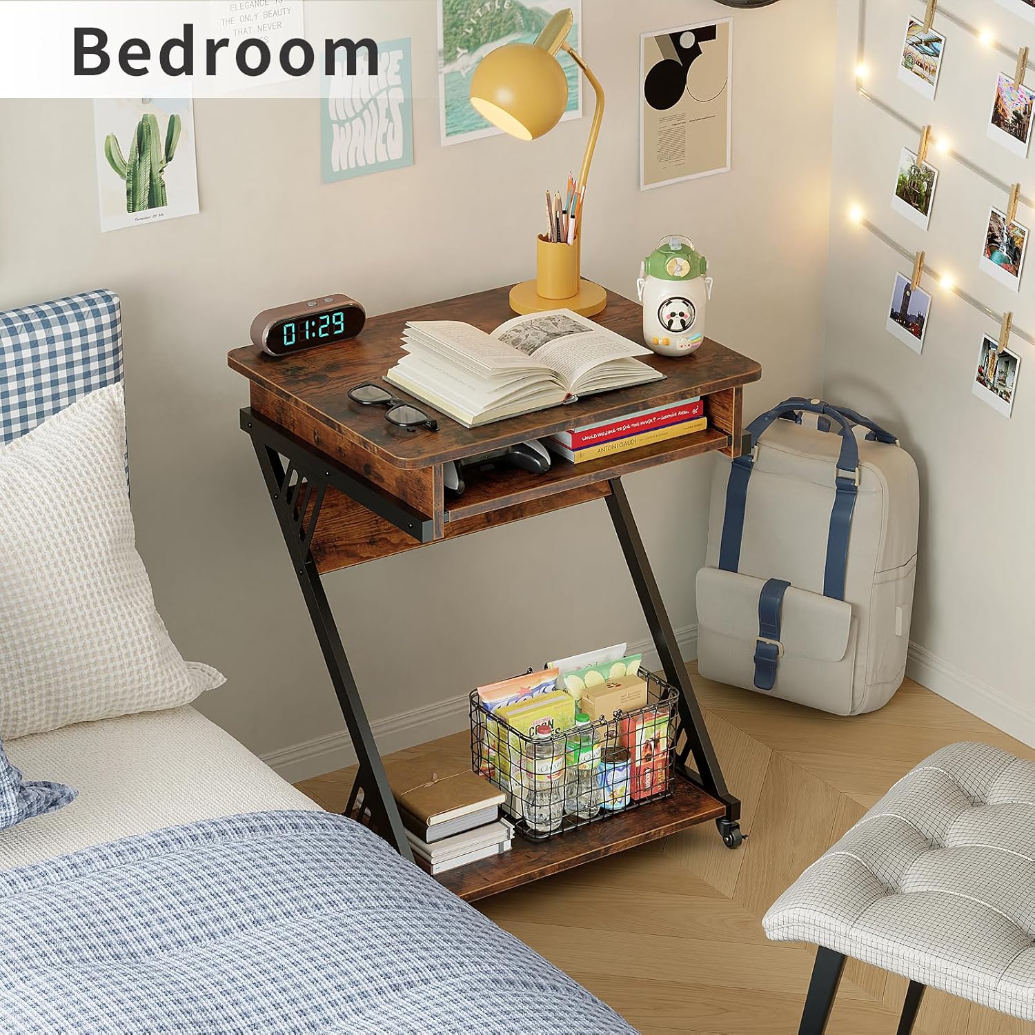 ALISENED Computer Desk for Small Spaces, 23.6" Z-Shaped Compact Study Table with Smooth Keyboard Tray with Wheels and Bottom Shelves for Home Office, Computer Cart Mobile Laptop Cart, Rustic Brown