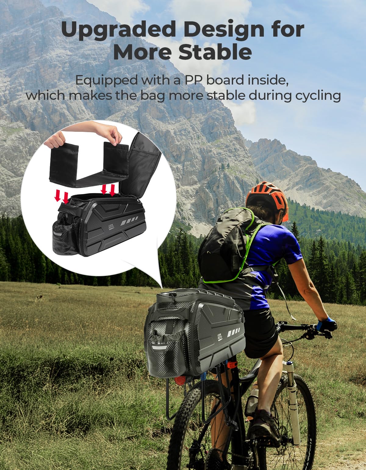 KEMIMOTO Bike Bag 15L EVA Hard Shell, Upgraded Ebike Rear Rack Bag with Waterproof Cover, Bicycle Trunk with Shoulder Strap for Commuter Travel Outdoor