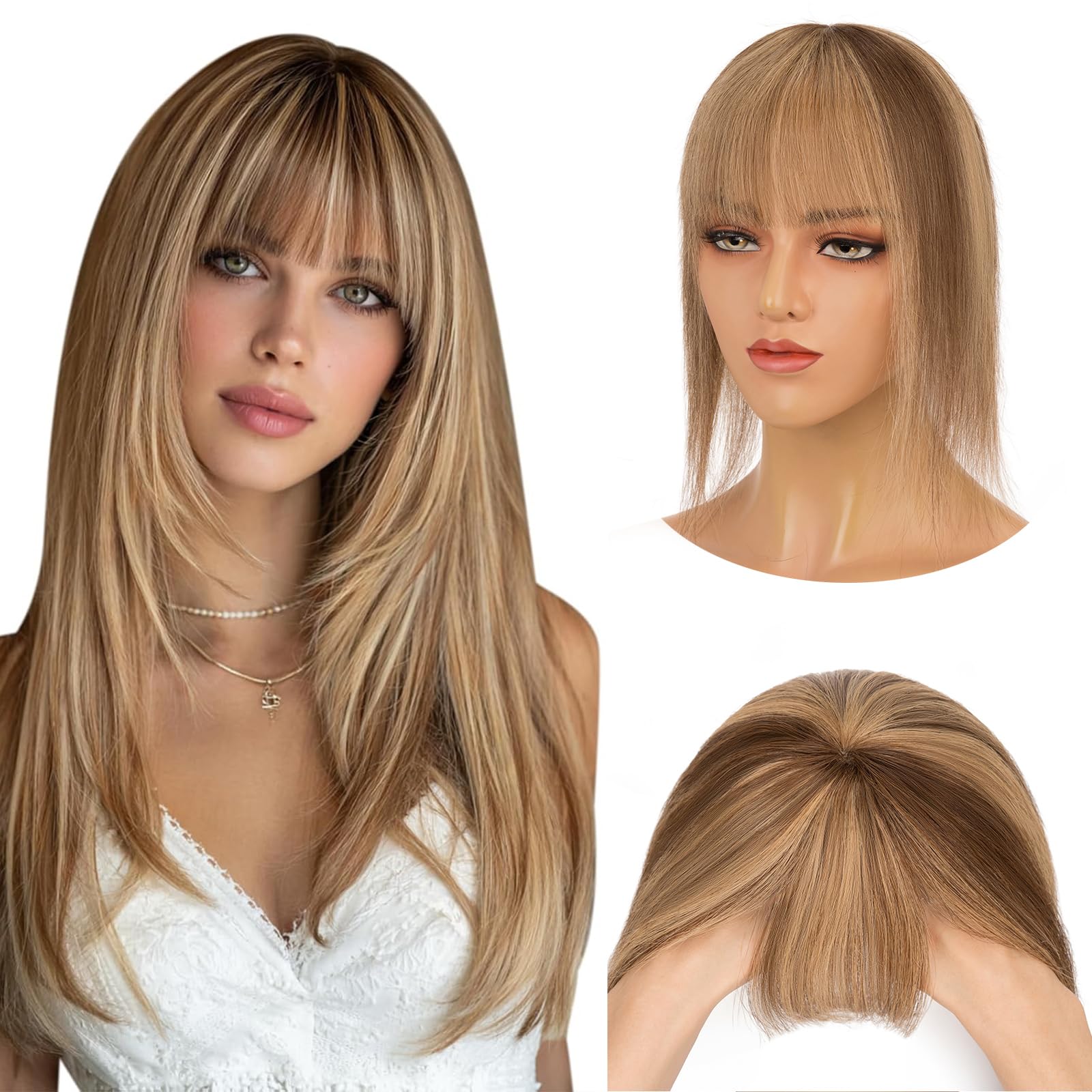 Elailite Real Human Hair Topper With Fringe Clip in For Women Thinning Hair