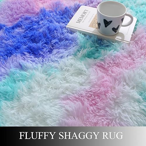 Miniatura 6 de Ultra Soft Shaggy Rug for Bedroom, 4 x 6 Feet Modern Tie Dye Area Rug, Purple Blue Fluffy Carpet for Living Room, Kids Girls Room, Bedside, Home