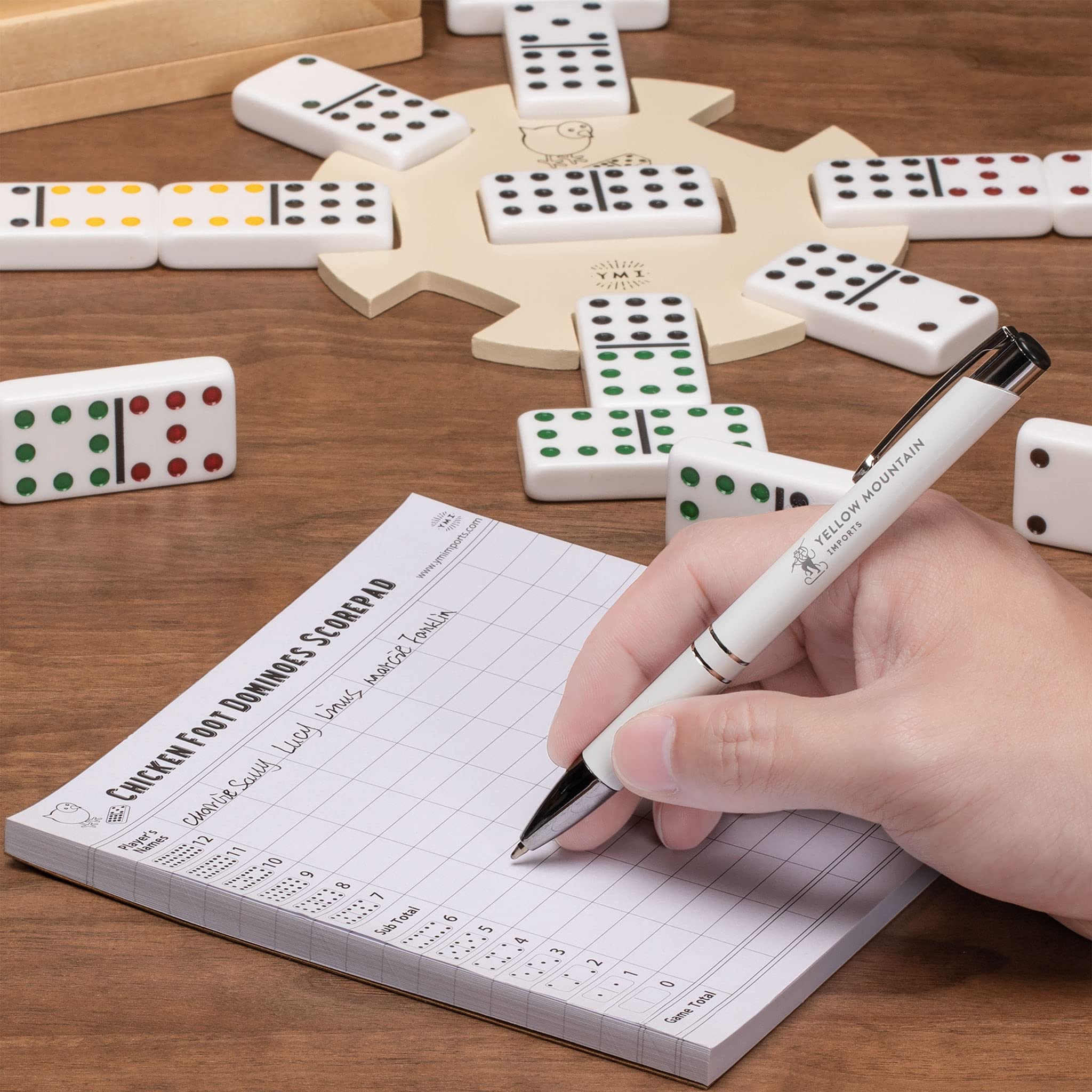 Yellow Mountain Imports Chicken Foot Complete Game Set with Double 9 Dominoes, Wooden Case, Hub, and Scorepad - Image 9