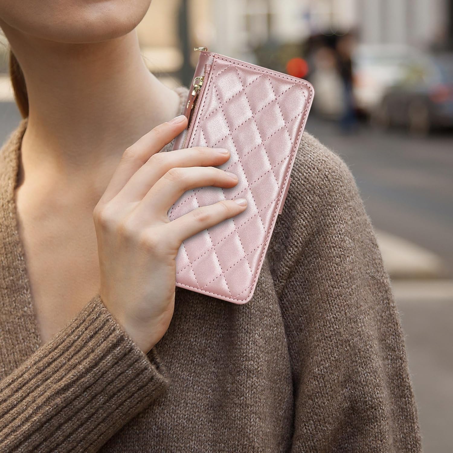 Jaorty for iPhone 17 Air Phone Case Wallet with Crossbody Strap, Shoulder Necklace Lanyard,flip Cover PU Leather, Rhombus for Women Men, Zipper Pocket, Kickstand, Card Holder, 6.6" Rosegold