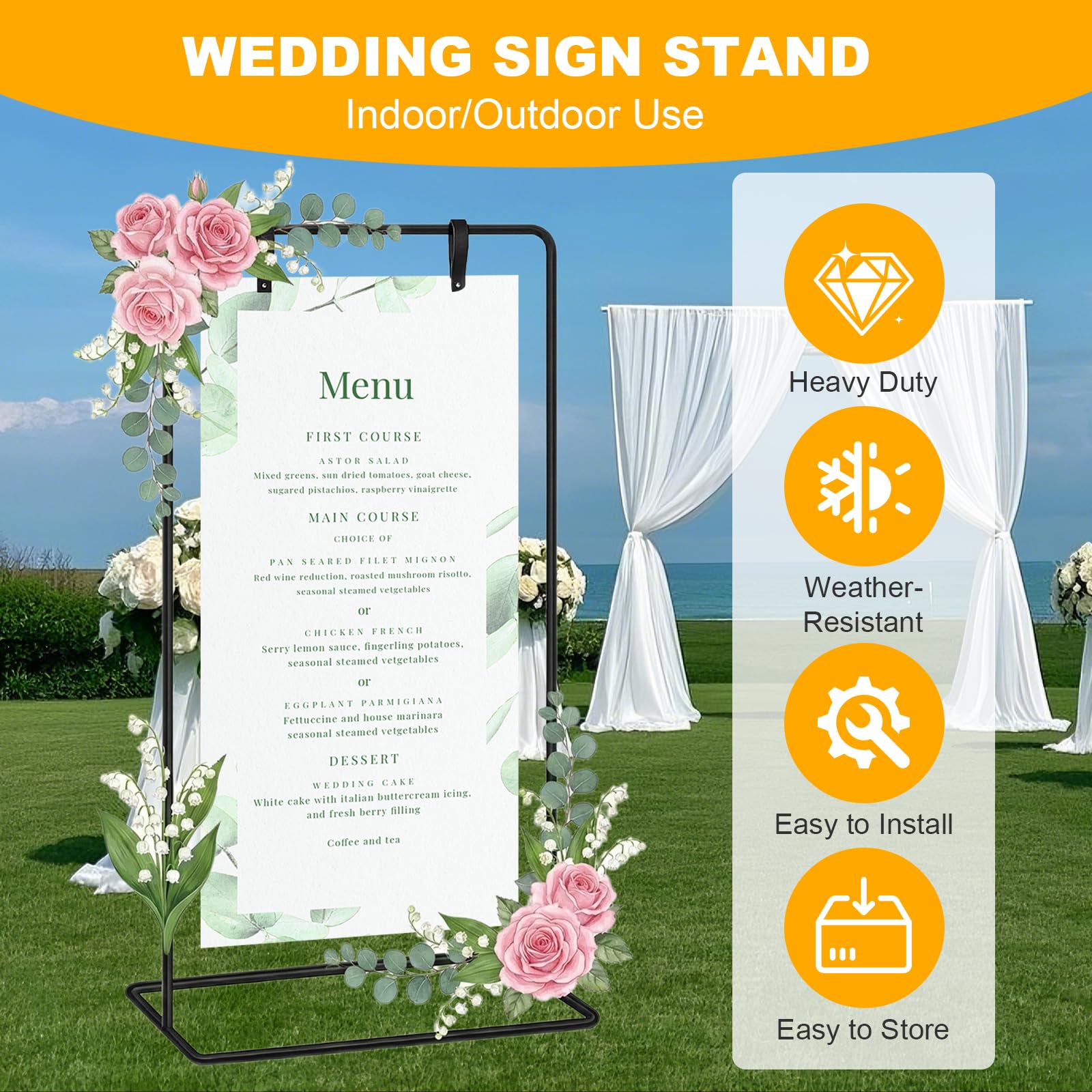 Support de panneau de bienvenue de mariage réglable avec 2 paires de sangles de suspension 80 x 50 x 173 cm - Pour tableau de siège, décoration d'événement, affiches, fête (noir)
