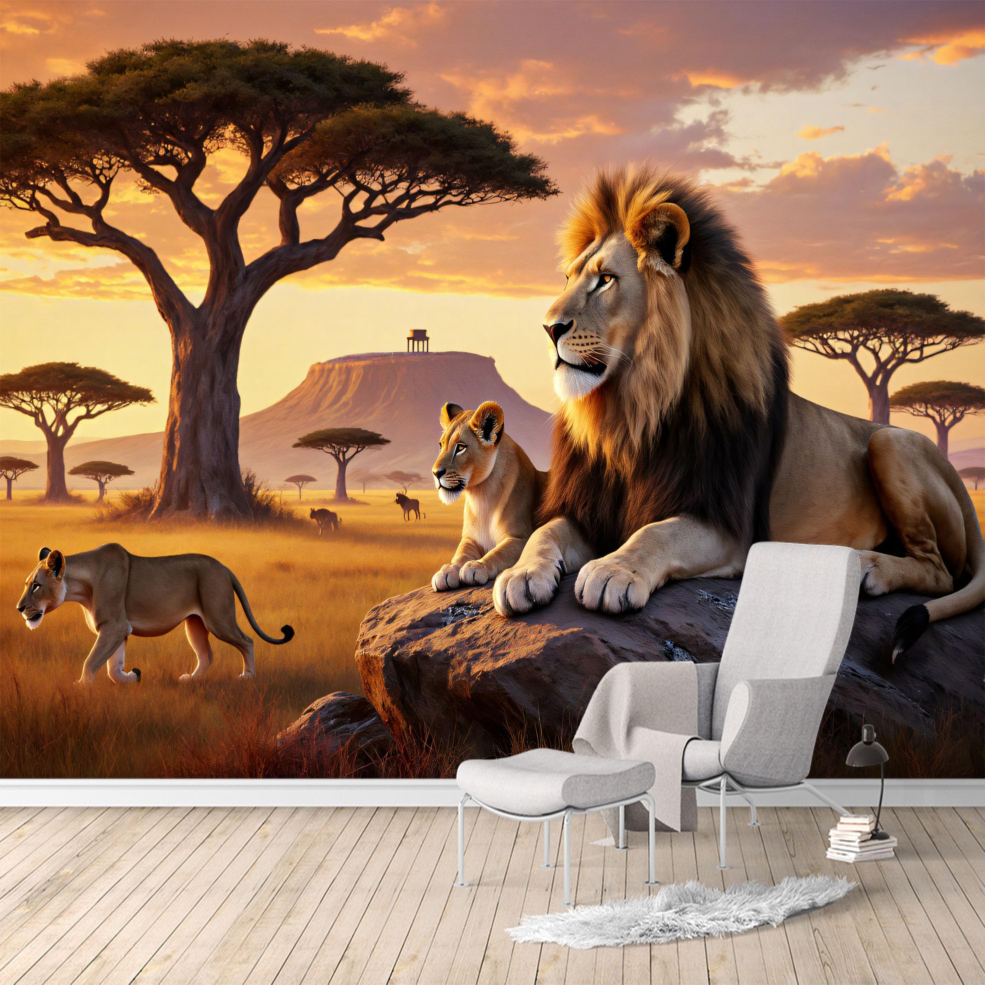 Custom Size Wall Murals,Majestic Lion Family African Savannah Sunset Landscape,SelfAdhesive Water Activated Removable Wall Covering,Large Photo Wallpaper for Living Room Bedroom Office