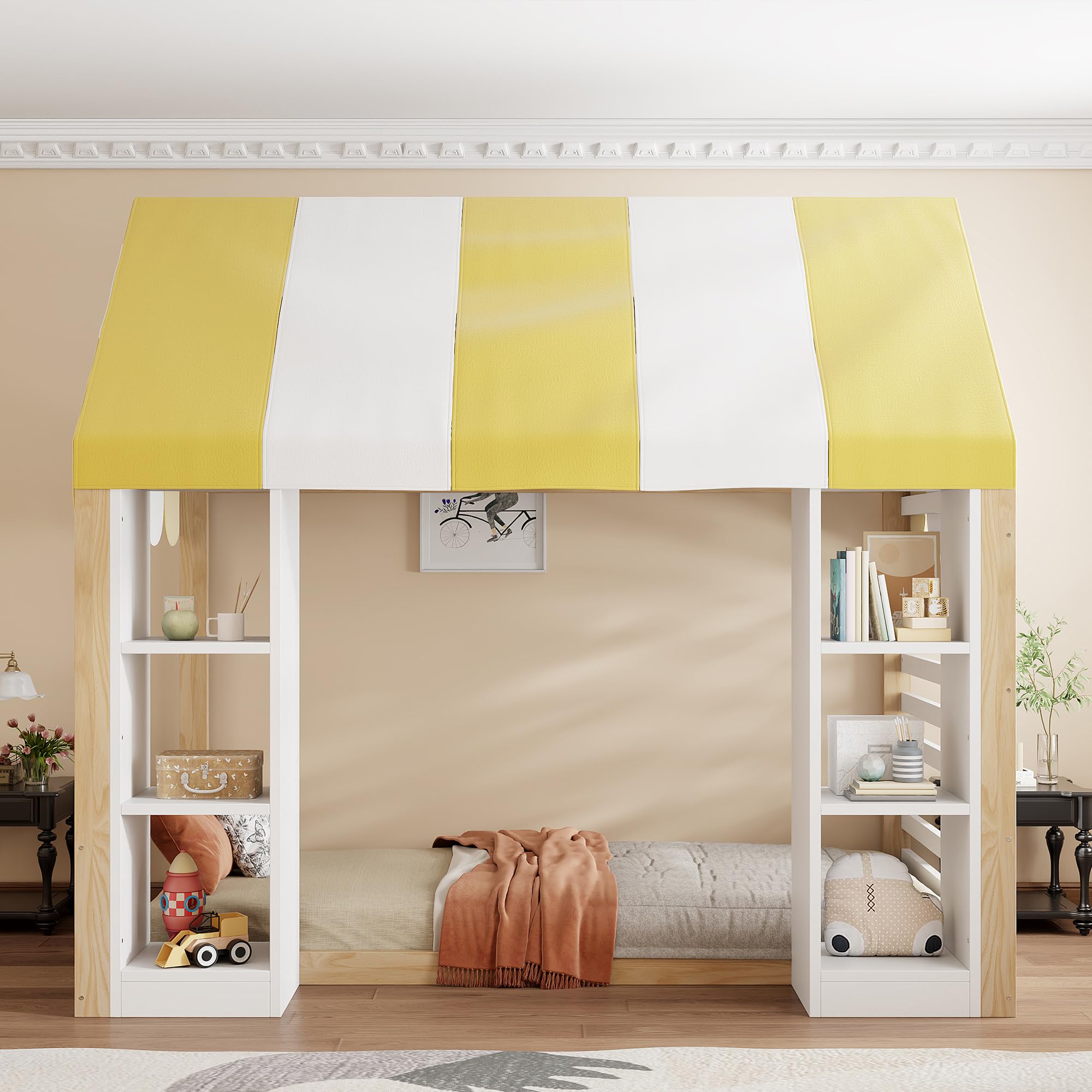 Kinderbett Landhausstil, 90 x 200 cm, mit Himmelbett, offenem Stauraum vorne und Holzrahmen, Holzfarbe+weiß, Weiß+Natur