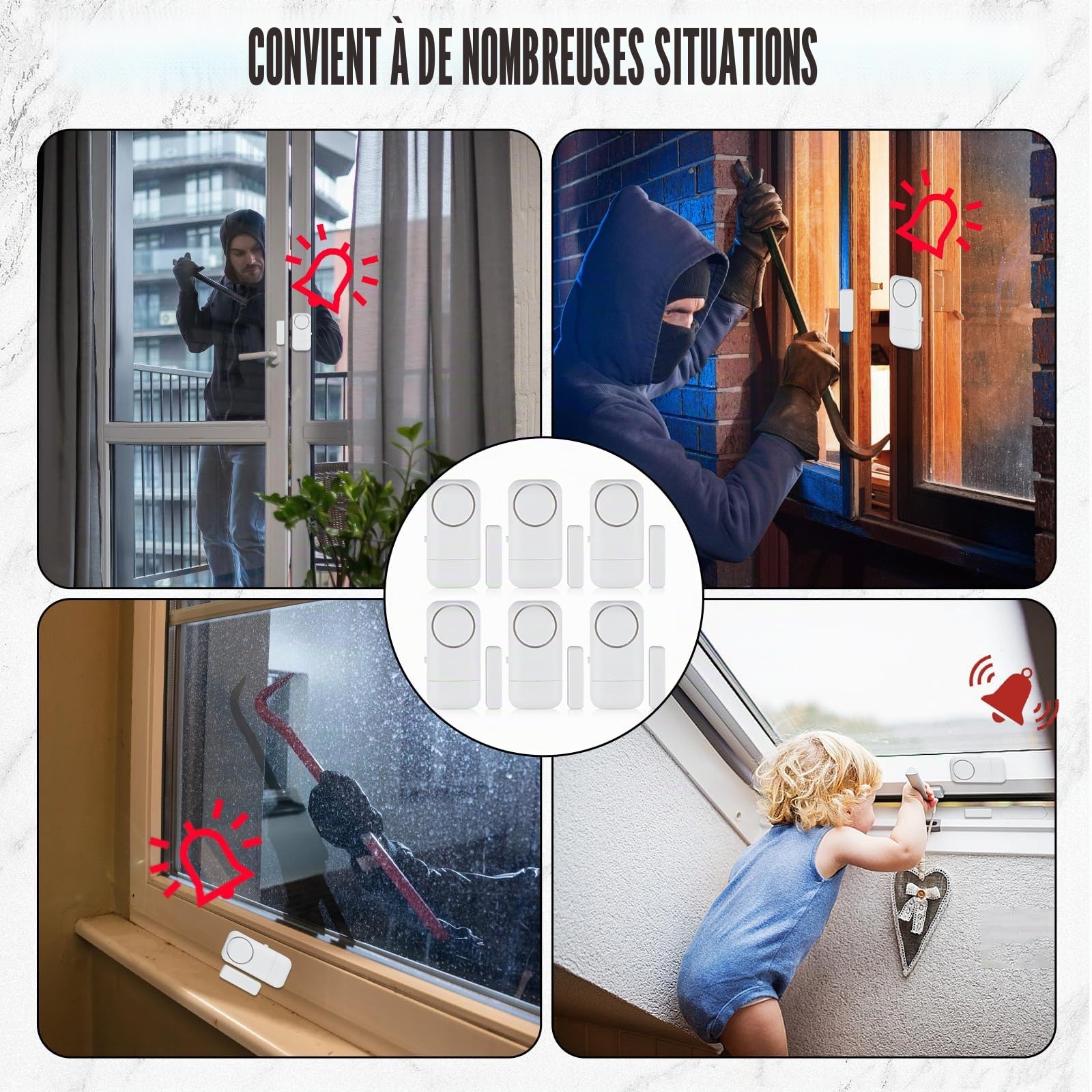 6 alarmes de porte sans fil, 120 dB, capteur d'alarme antivol avec contact magnétique, système d'alarme de sécurité sans fil pour maison, appartement, hôtel, bureau, garage (lot de 6 pièces