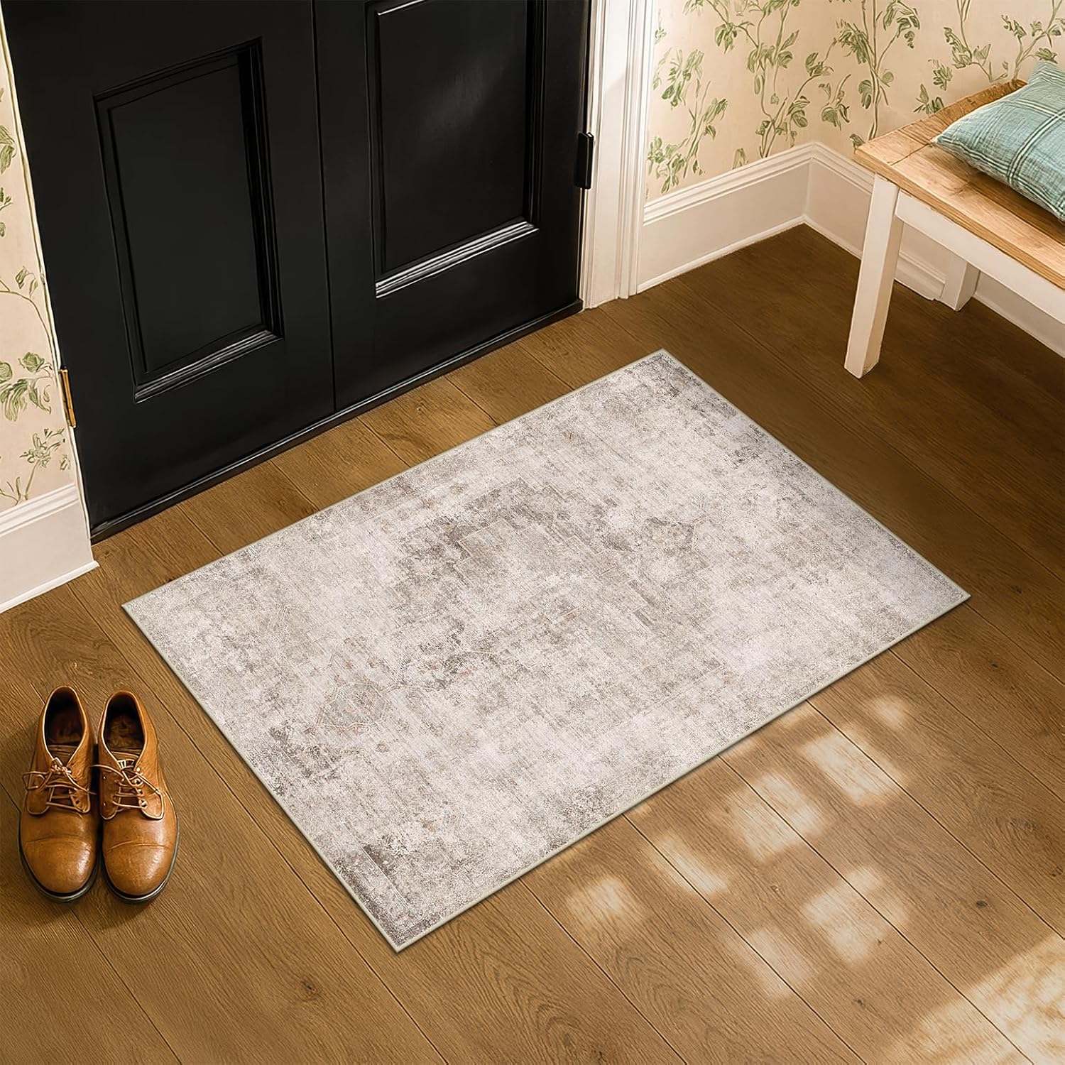 Beige Brown 2x3 Washable Non Slip Bathroom Rug for Entryway Indoor, Low Pile Small Rug for Powder Room & Kitchen Floor, Waterproof Stain & Fade Resistant Modern Abstract Decor