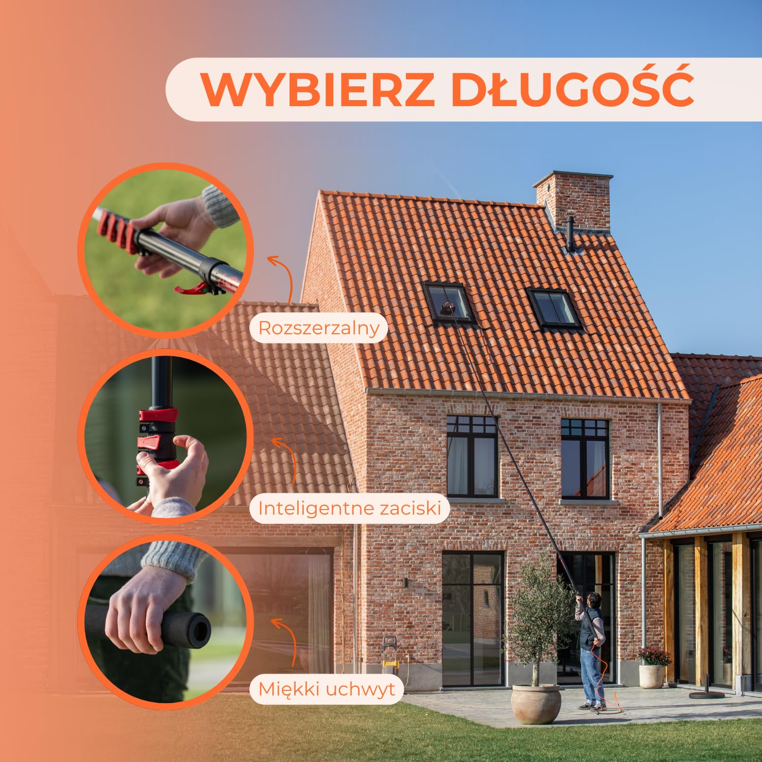 Aquascopic teleskopowy drążek ze szczotką do szorowania – regulowany myjka do okien – do 7,2 m – czyścik do paneli słonecznych – wewnętrzny wąż wodny