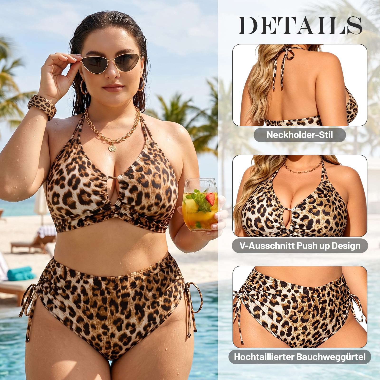 Bikini Set Damen Grosse Grössen Leopard Push Up V-Ausschnitt Bikini Top Große Brüste High Waist Bauchweg Zweiteiliger Badeanzug Set Plus Size mit Verstellbaren Trägern für Strand Urlaub Curvy Bademode