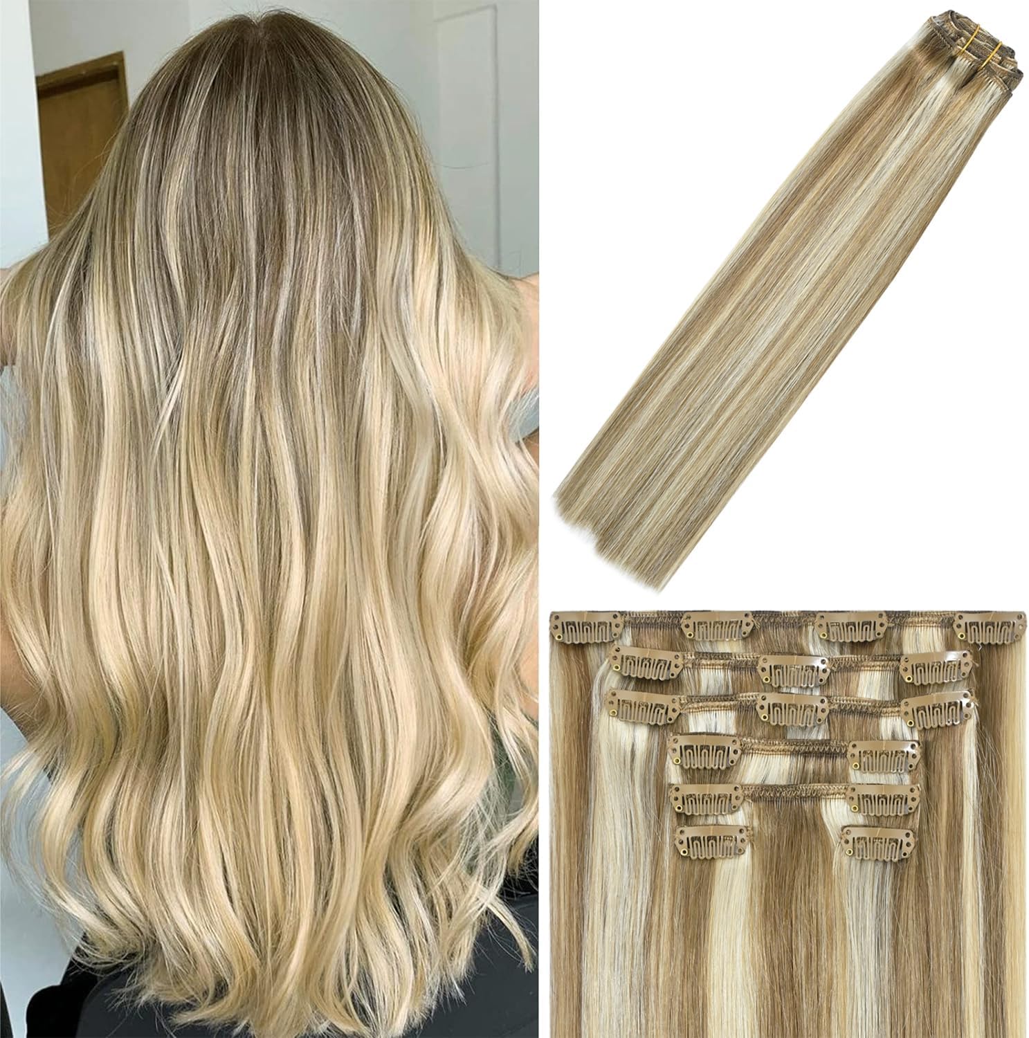 Clip in Hair Extensions Human Hair Balayage Mixed Bleach Blonde 75g 22Inch #18P613 Remy Hair Extensions 7PCS