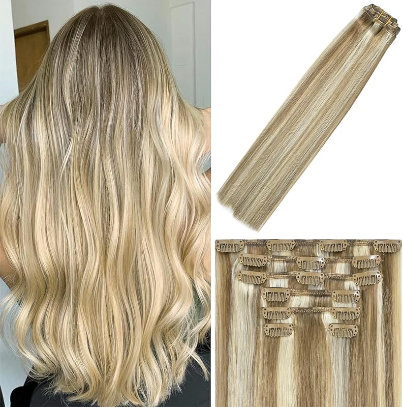 WindTouch Clip in Hair Extensions Real Human Hair Balayage Mixed Bleach Blonde Hair Extensions 15Inch 75g 7PCS Highlights Straight Blonde Clip in Extensions for Women