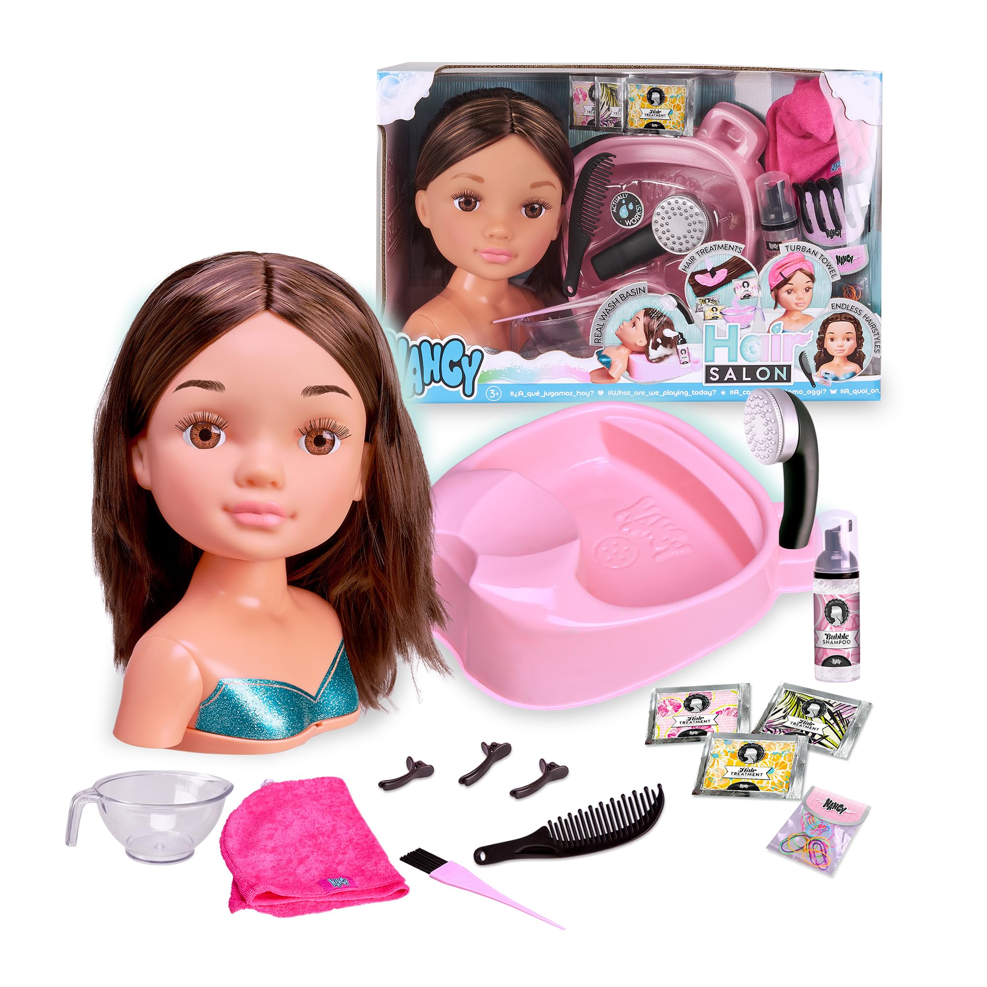 Hair Salon - Busto Morena con Lavacabezas Funcional, Incluye Champú Especial, Tratamientos, Mascarillas, Toalla Turbante, Peine y Gomas para Crear Infinitos Peinados, +​3 años, Famosa (NACB2000)