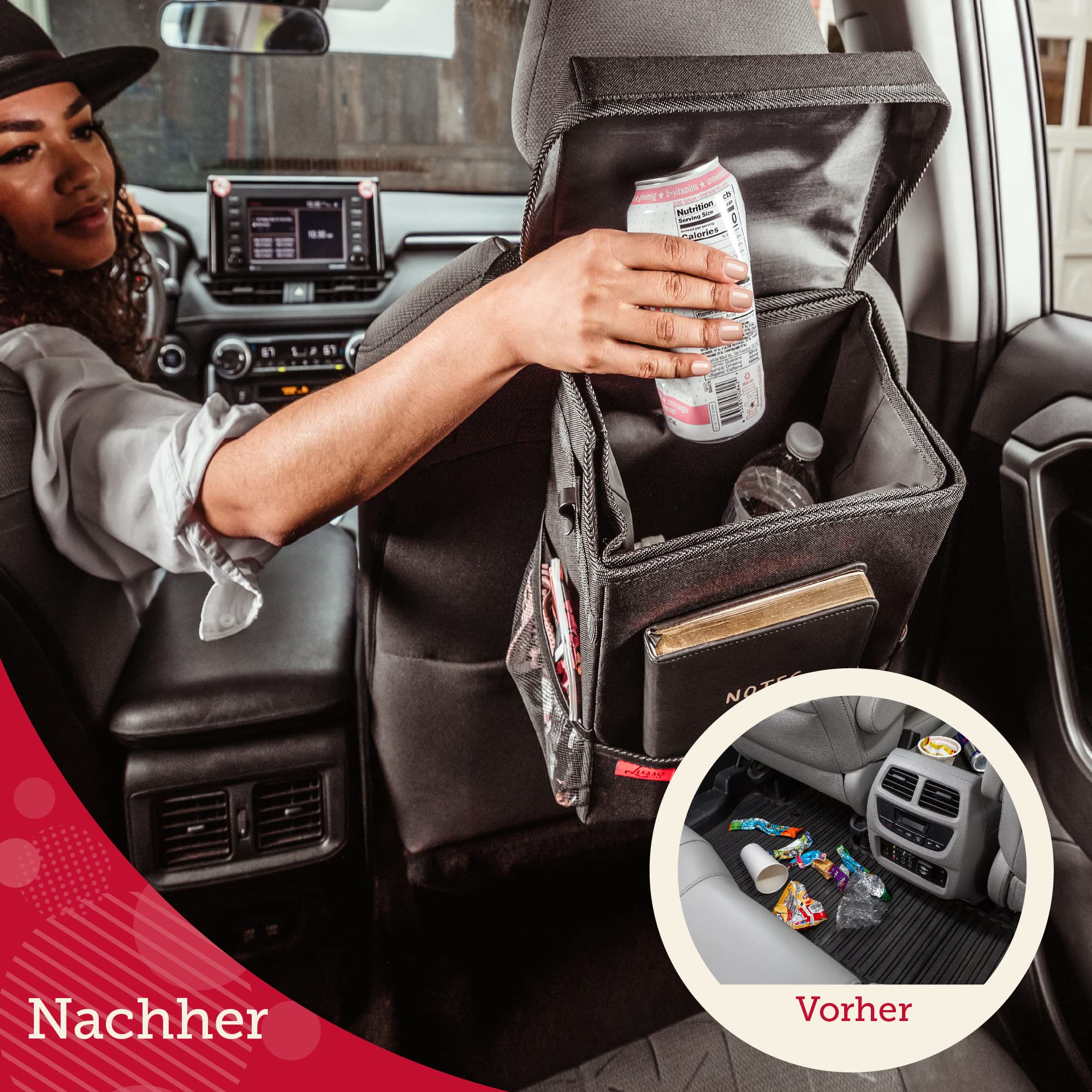 Lusso Gear Auslaufsicherer Automülleimer | 9,5 Liter Mülleimer Auto zum Aufhängen - Herausnehmbarer Innenbehälter - Aufbewahrungsfächer | Hält Auto LKW Minivan & SUV Sauber und Geruchsfrei (Schwarz)