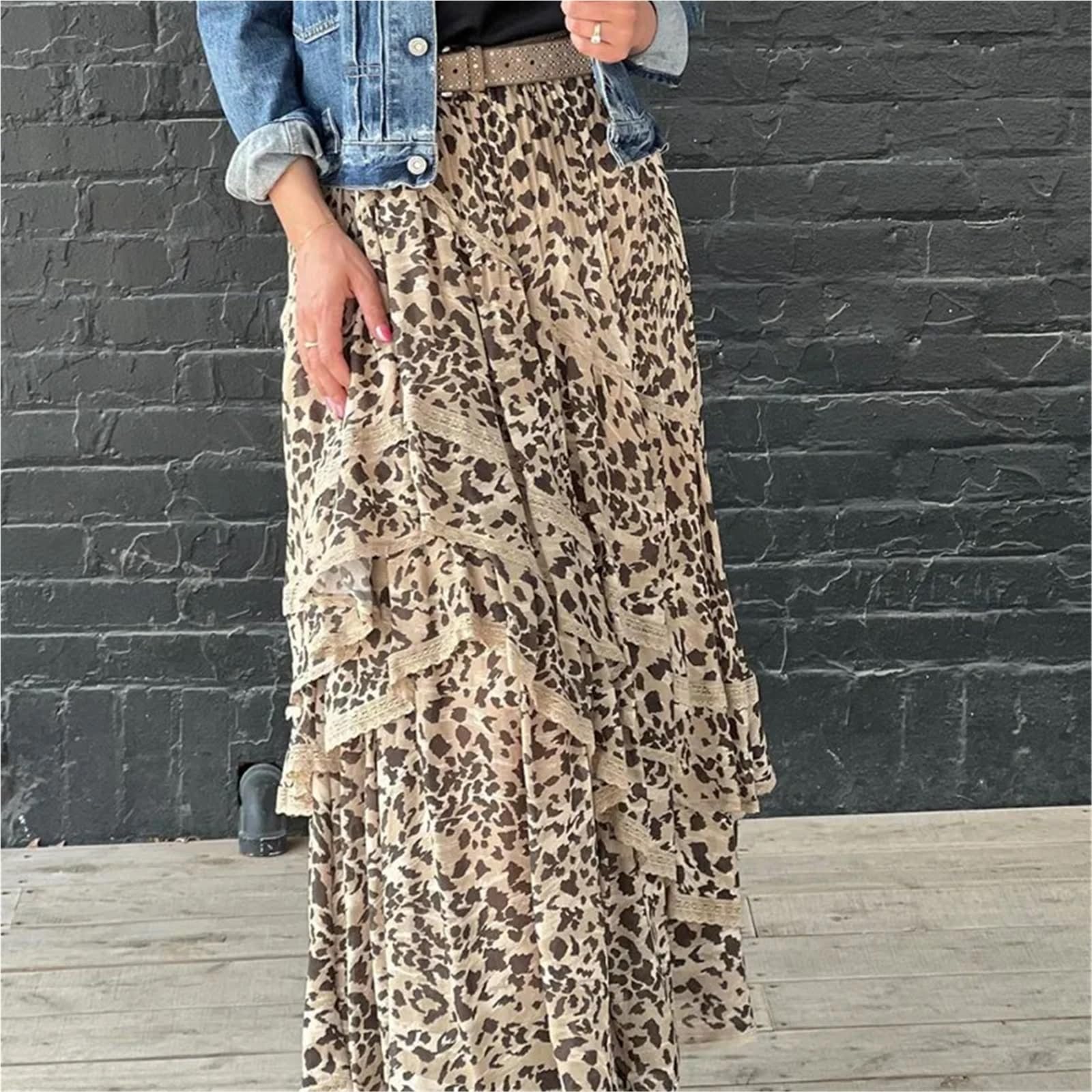 Falda de Leopardo Falda Larga de Fiesta Verano for Mujer, Falda Ajustada Cintura Alta con Volantes para Rave
