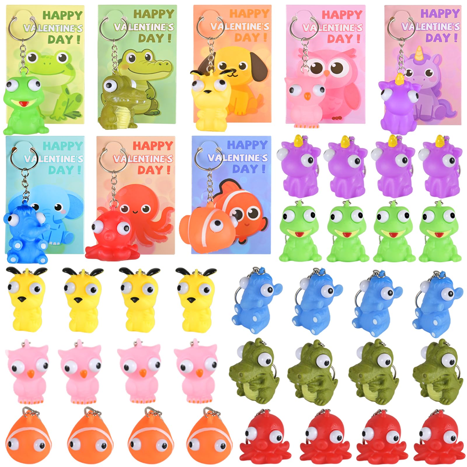 Valentines Gifts for Kids Classroom - 32 Packs Squishy Fidget Toys with Valentines Day Cards for kids school, Popping Animal Keychain for Kid Party Favors Goodie Bag Stuffers Class Valentine Exchange